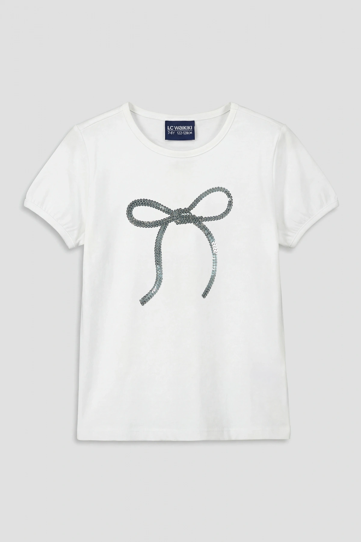 LCW Kids Beyaz Fiyonk Payetli Kız Çocuk Tişört