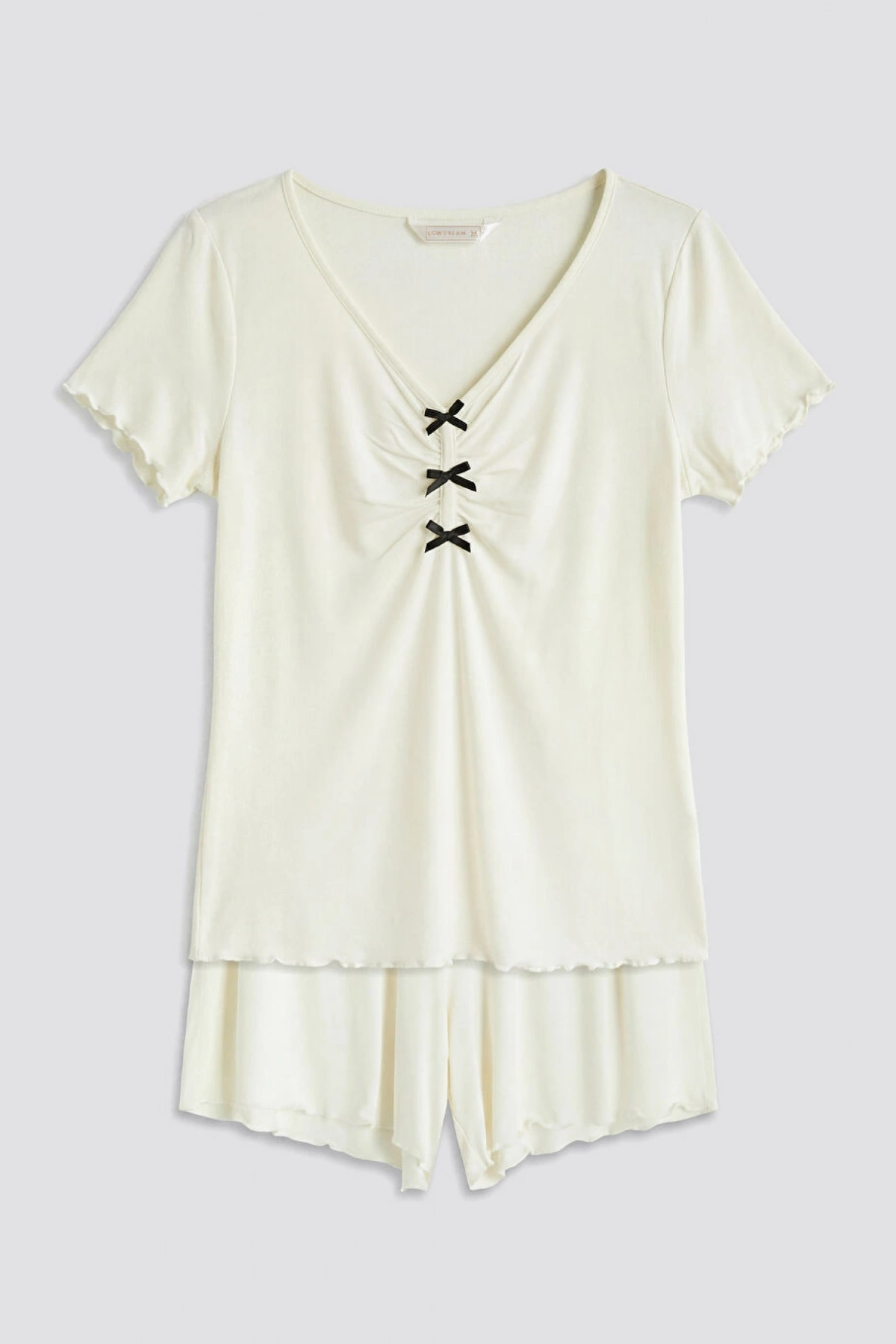 LCW DREAM Ekru V Yaka Fiyonklu Kadın Şortlu Pijama Takımı