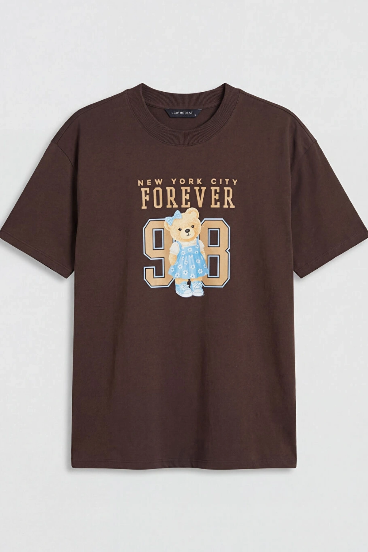LCW Modest Kahverengi Bisiklet Yaka New York Baskılı Kadın Tişört