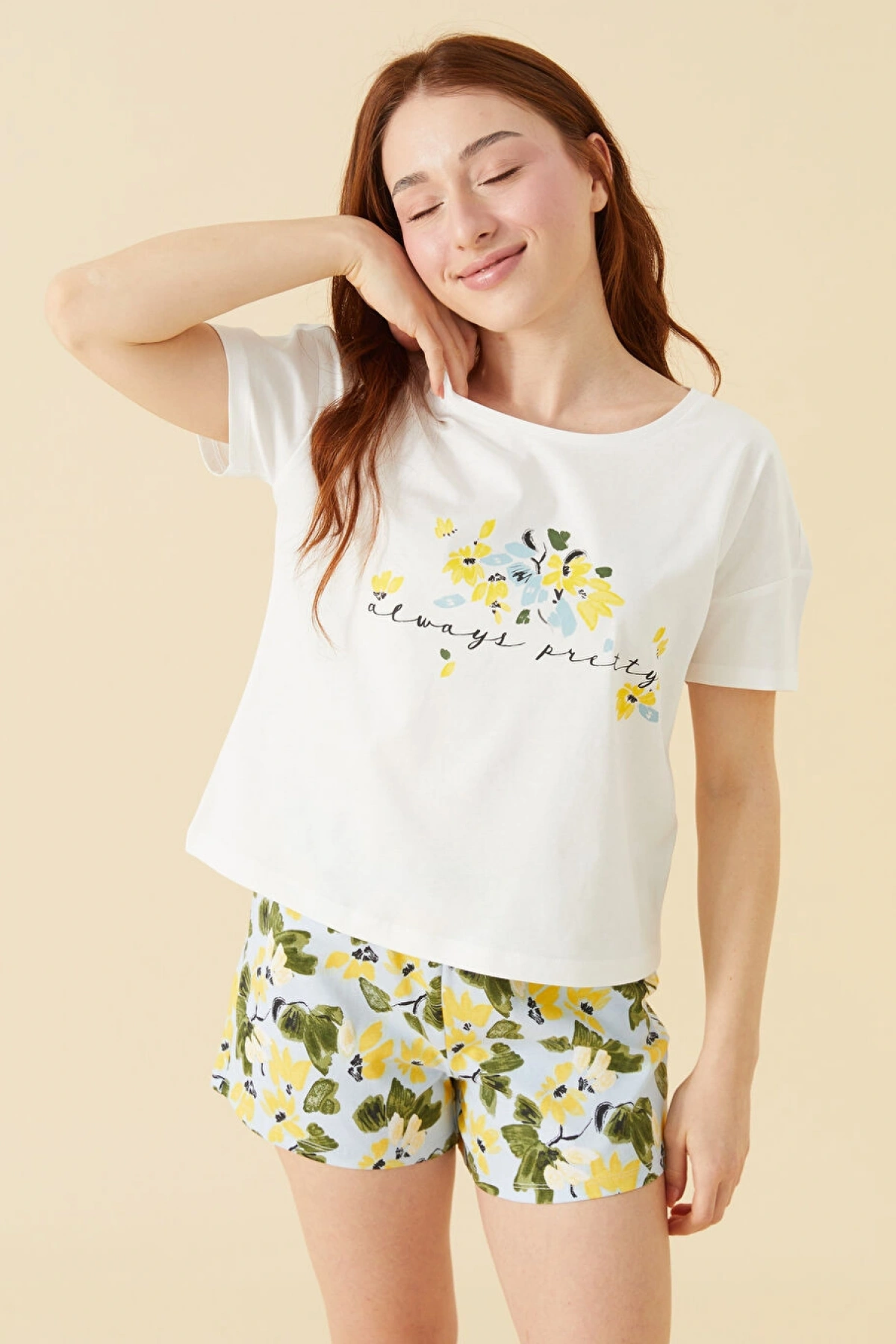 LCW DREAM Mavi Petite Bisiklet Yaka Kadın Şortlu Pijama Takımı