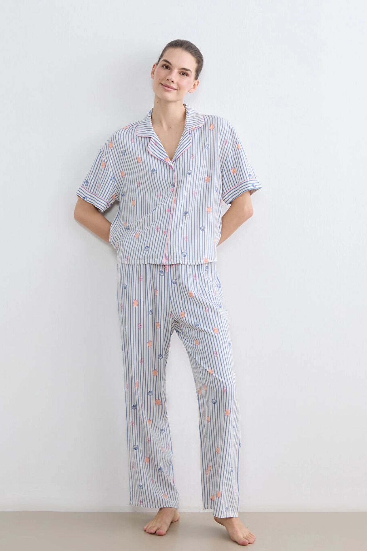LCW DREAM Ekru Gömlek Yaka Desenli Kadın Pijama Takımı