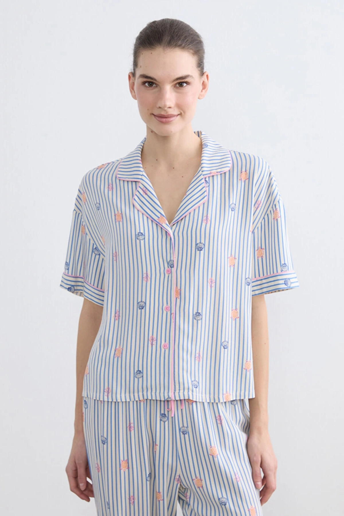 LCW DREAM Ekru Gömlek Yaka Desenli Kadın Pijama Takımı