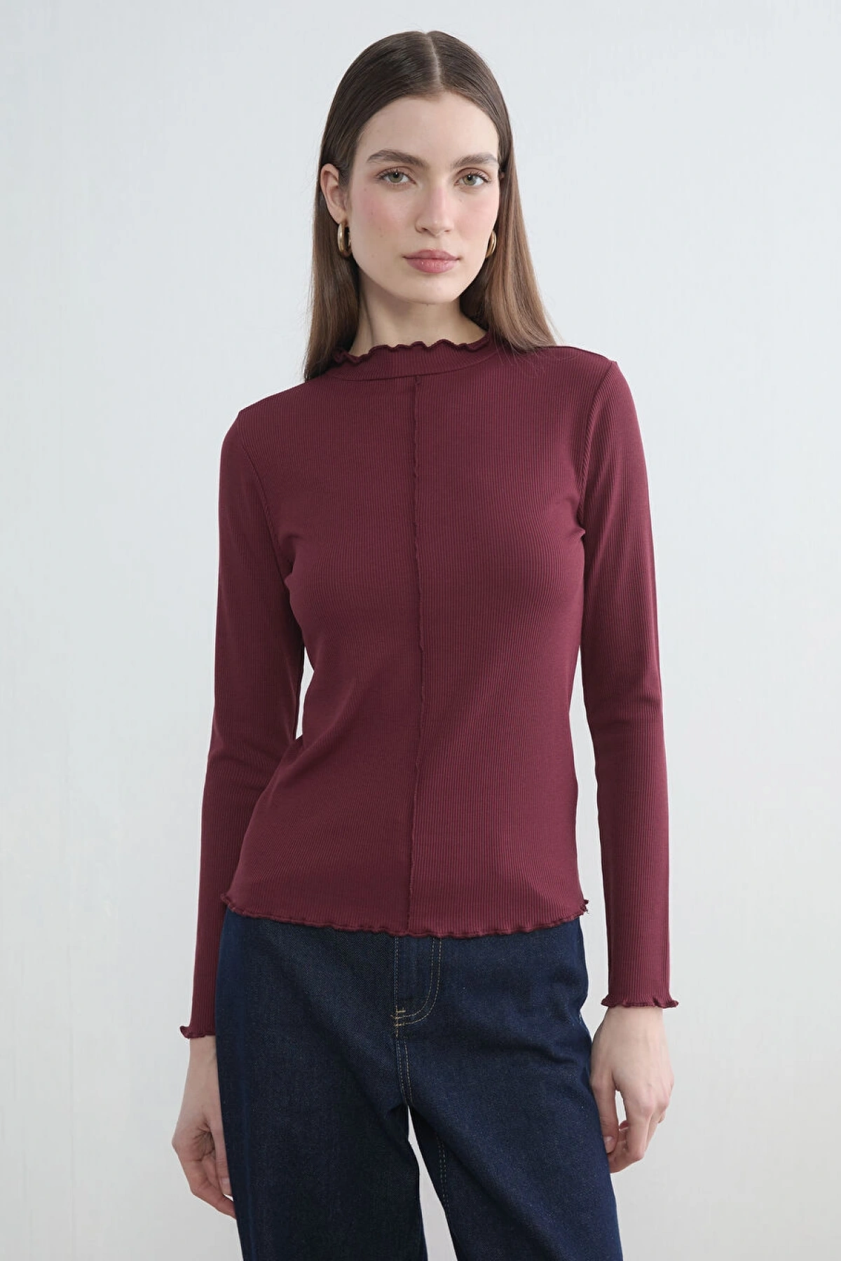 LCW Modest Bordo Fırfırlı Dik Yaka Kadın Body