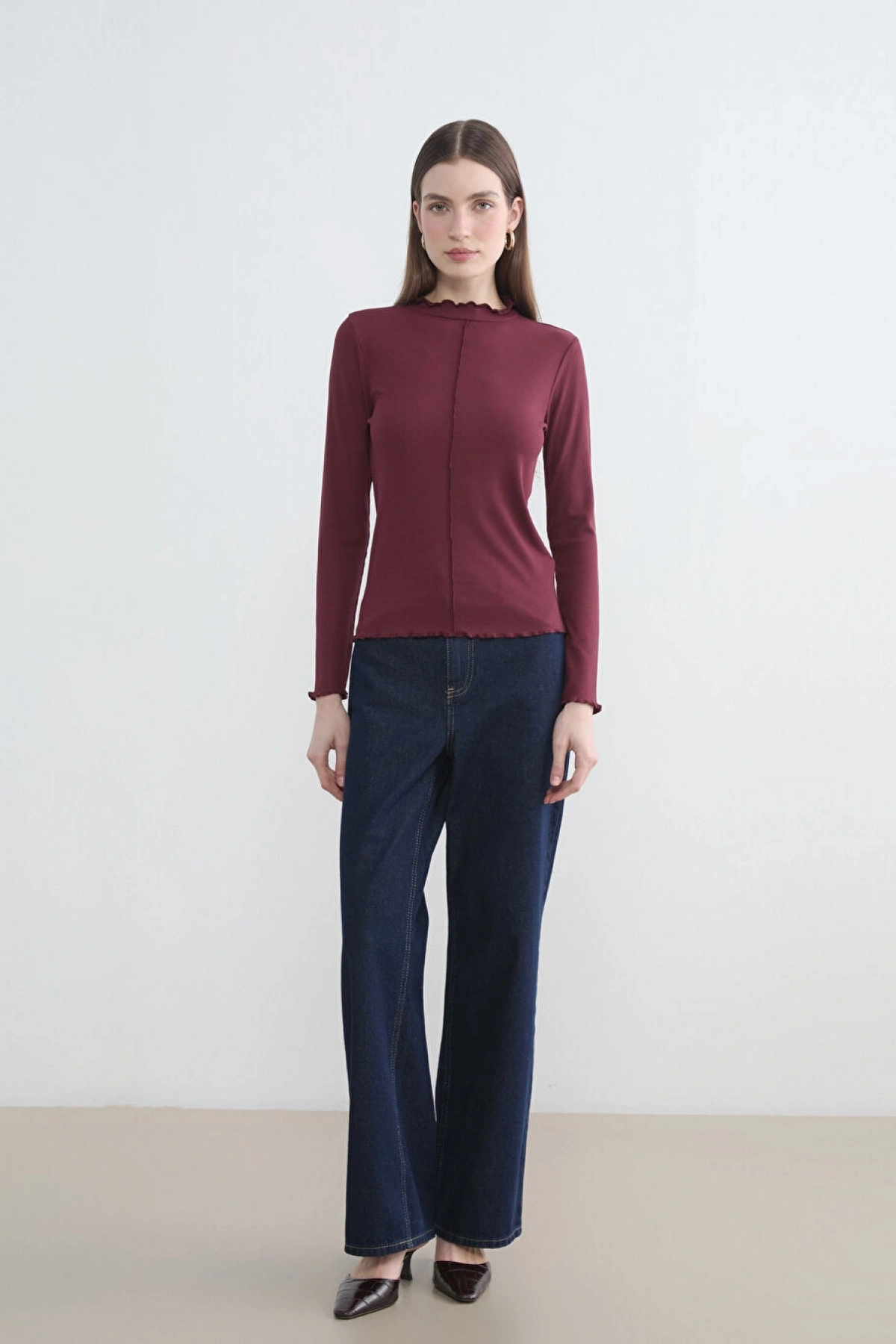 LCW Modest Bordo Fırfırlı Dik Yaka Kadın Body