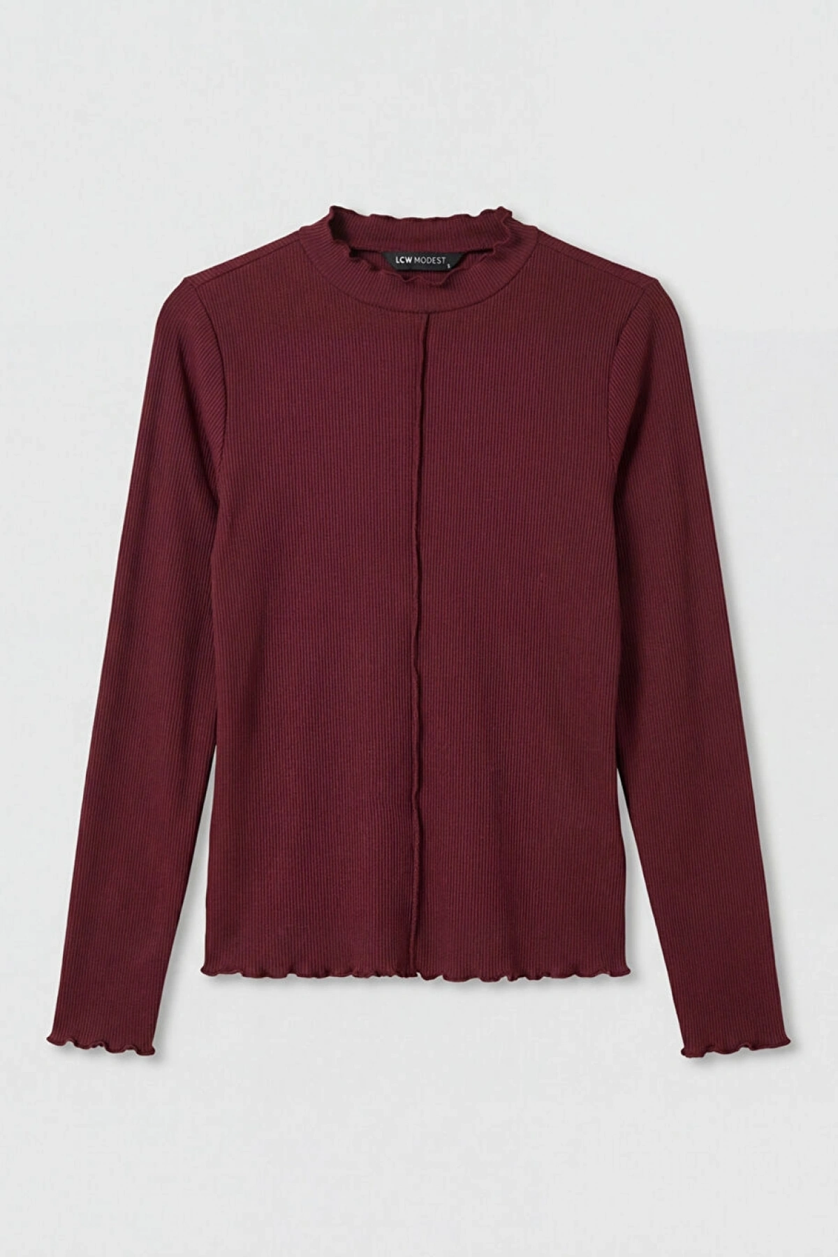 LCW Modest Bordo Fırfırlı Dik Yaka Kadın Body