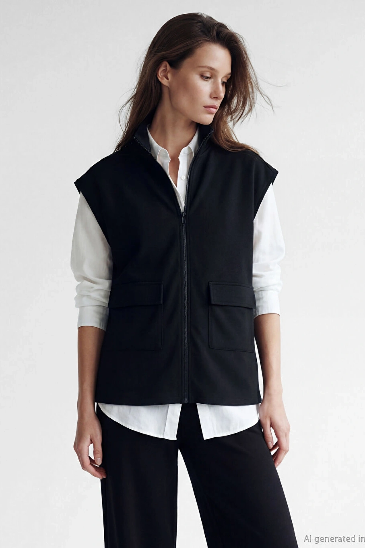 LCW Modest Siyah Dik Yaka Oversize Büzgülü Kadın Yelek
