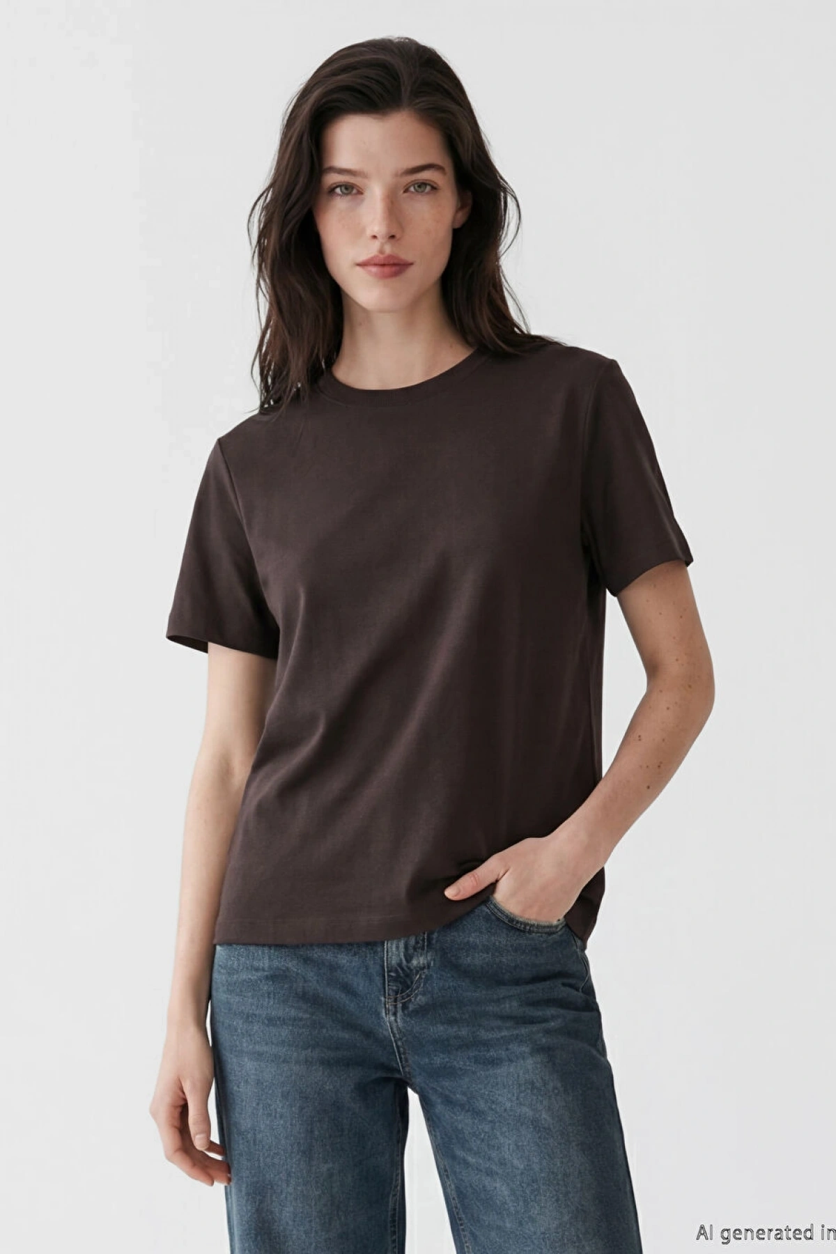 LCW Comfort Kahverengi Bisiklet Yaka Kadın Tişört