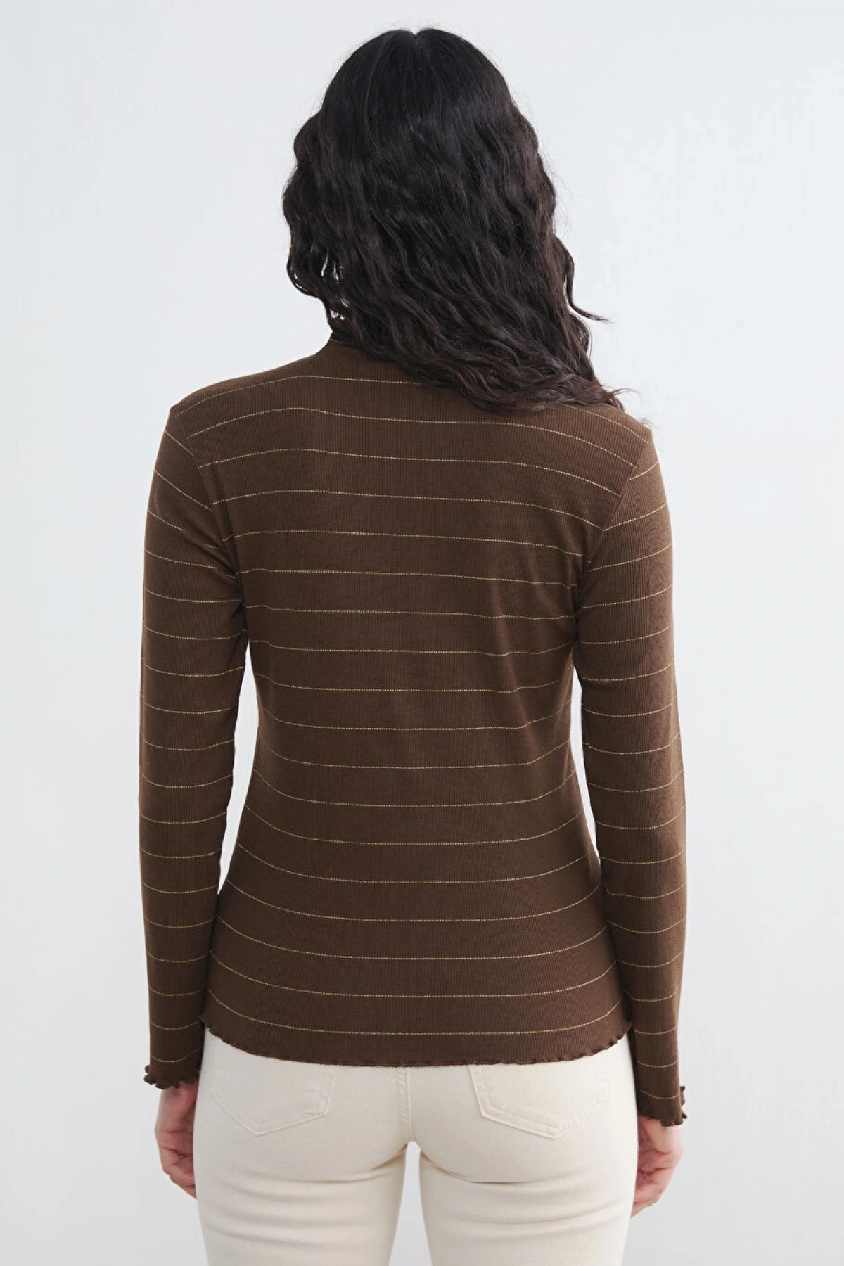 LCW Modest Kahverengi Fırfırlı Dik Yaka Çizgili Kadın Body