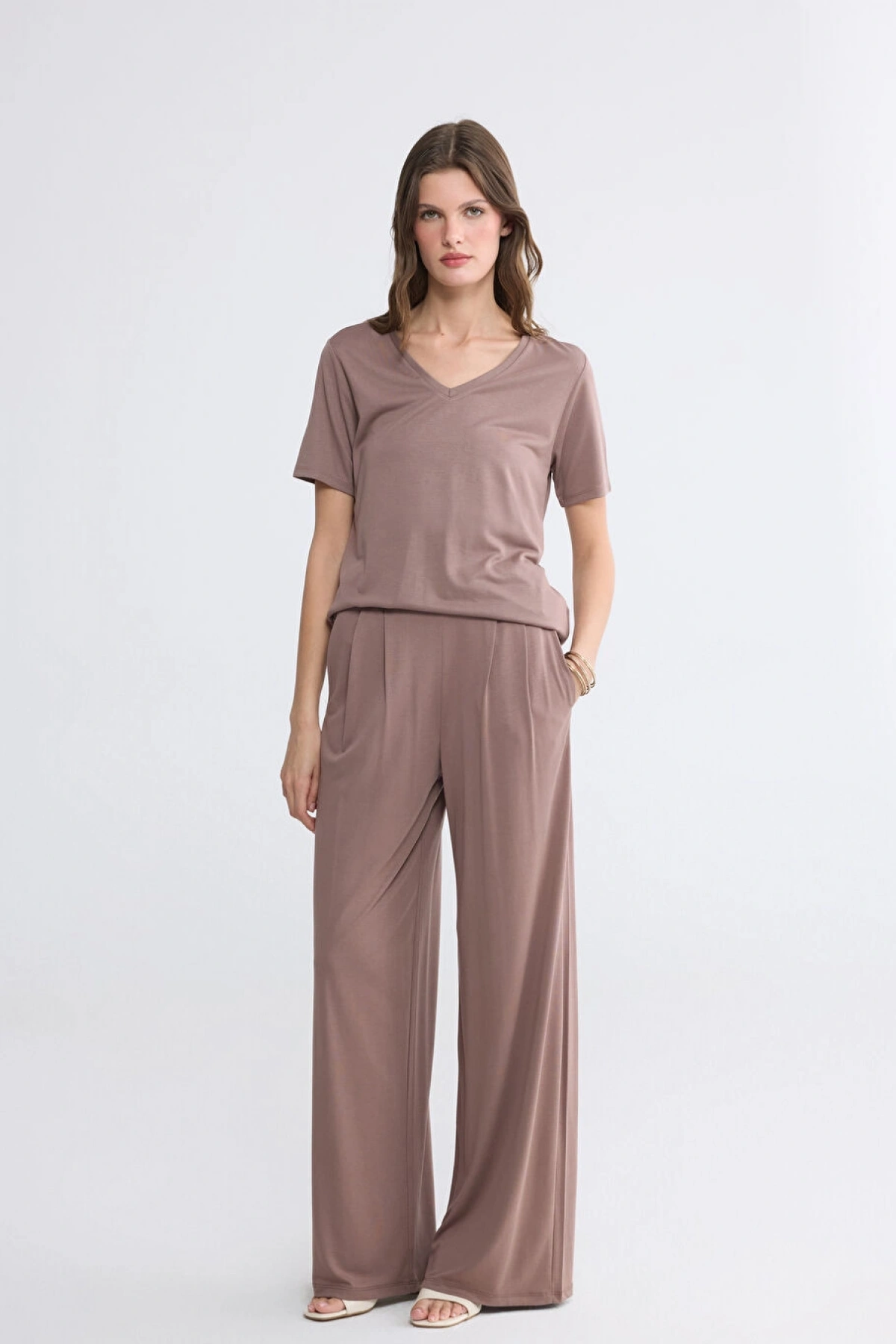 LCWAIKIKI Basic Kahverengi Beli Lastikli Geniş Paça Kadın Pantolon