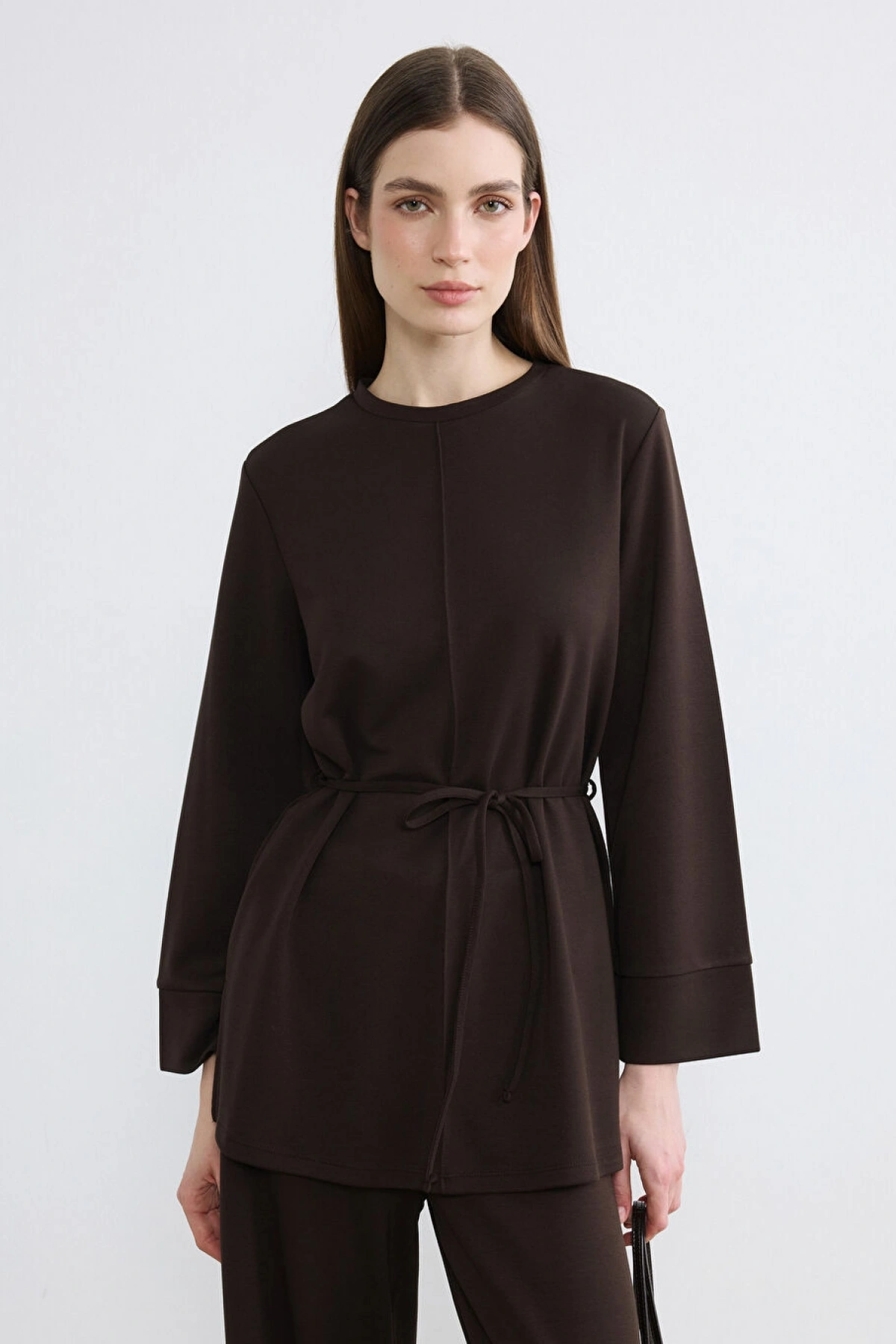 LCW Modest Kahverengi Kuşaklı Soft Touch Kadın Sweatshirt Tunik