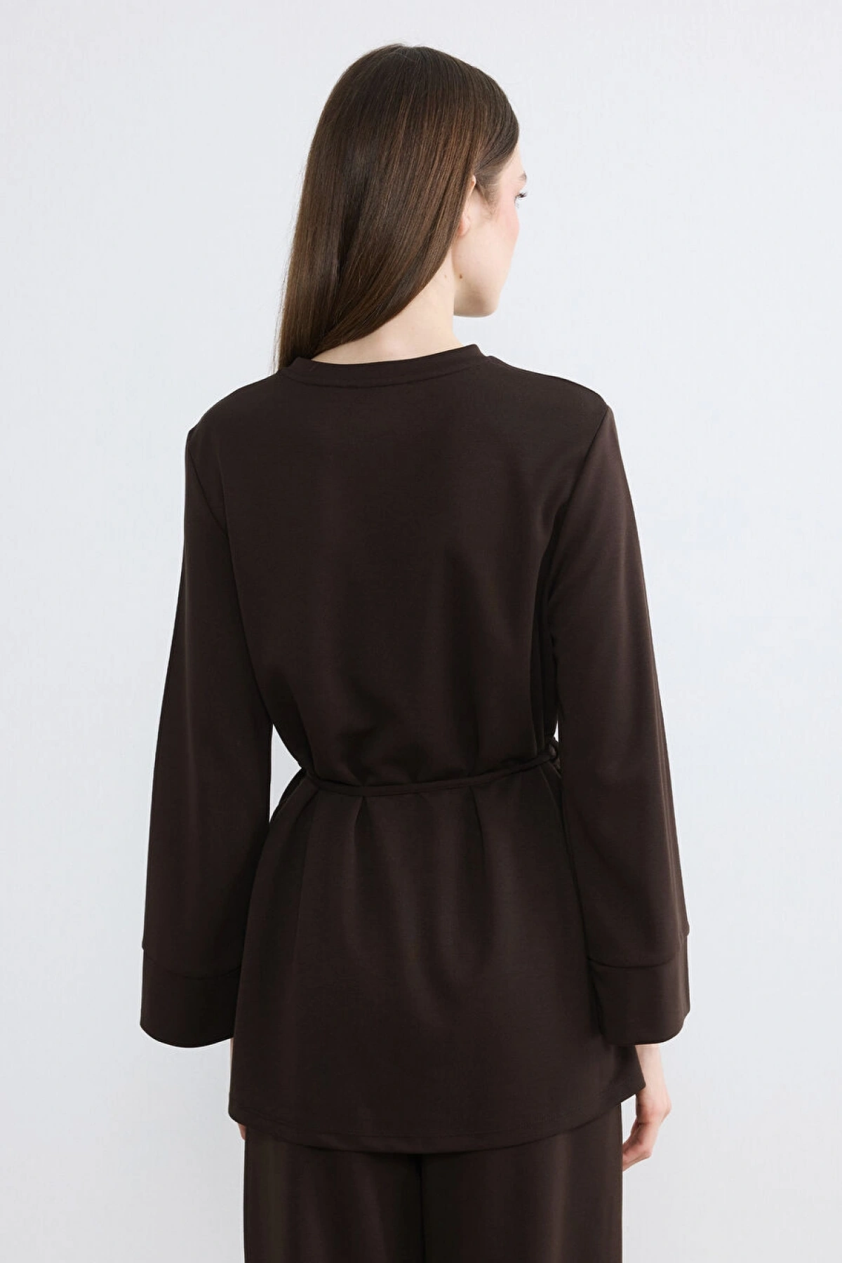 LCW Modest Kahverengi Kuşaklı Soft Touch Kadın Sweatshirt Tunik