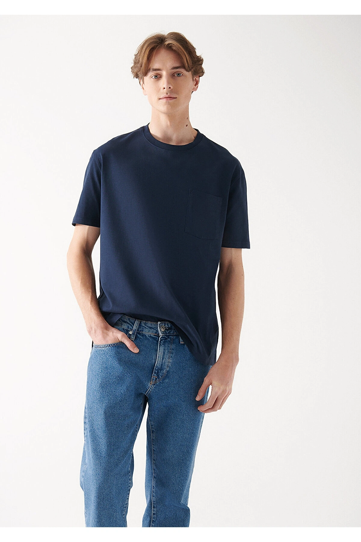 Mavi Cepli Lacivert Basic Tişört Loose Fit / Bol Rahat Kesim