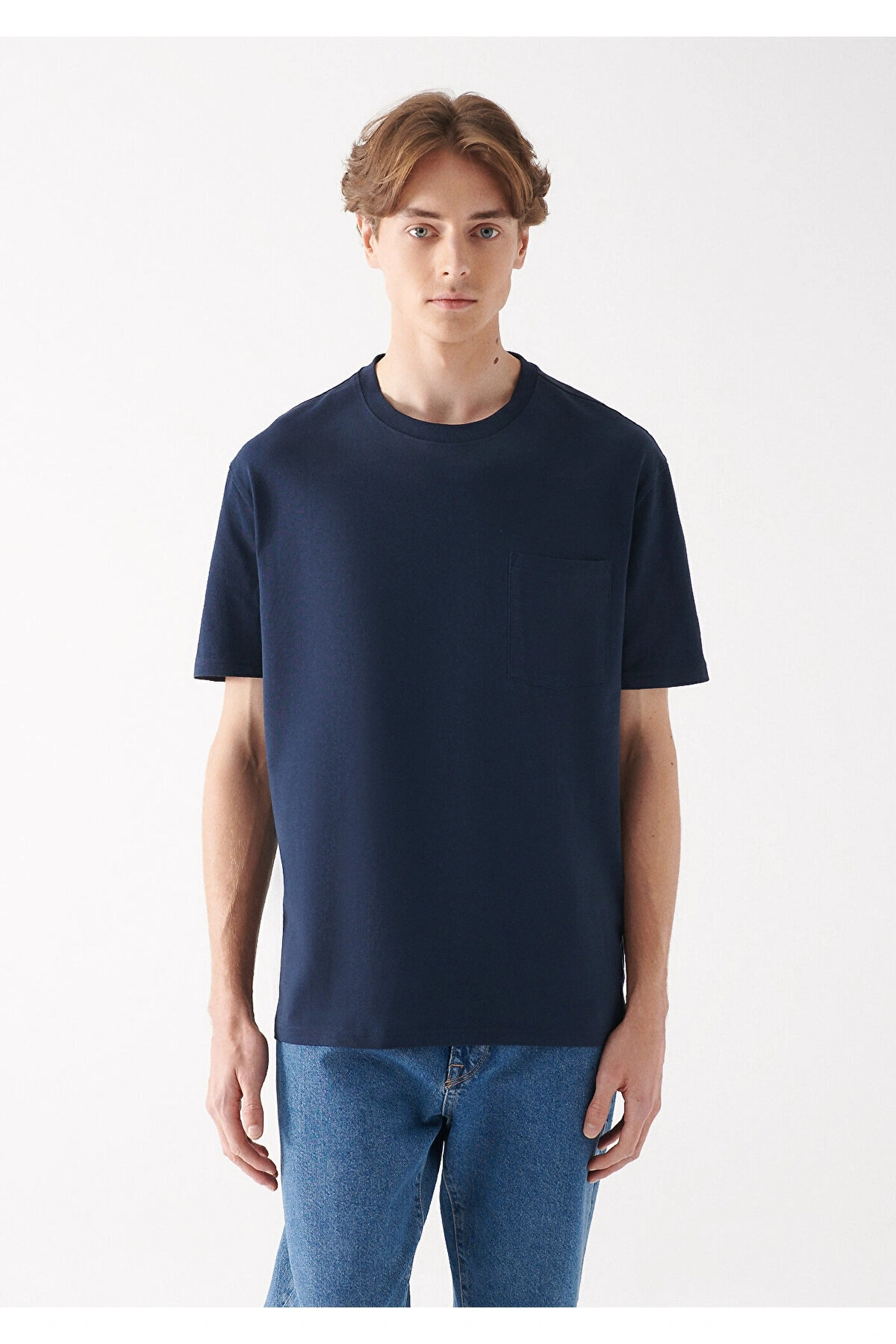 Mavi Cepli Lacivert Basic Tişört Loose Fit / Bol Rahat Kesim