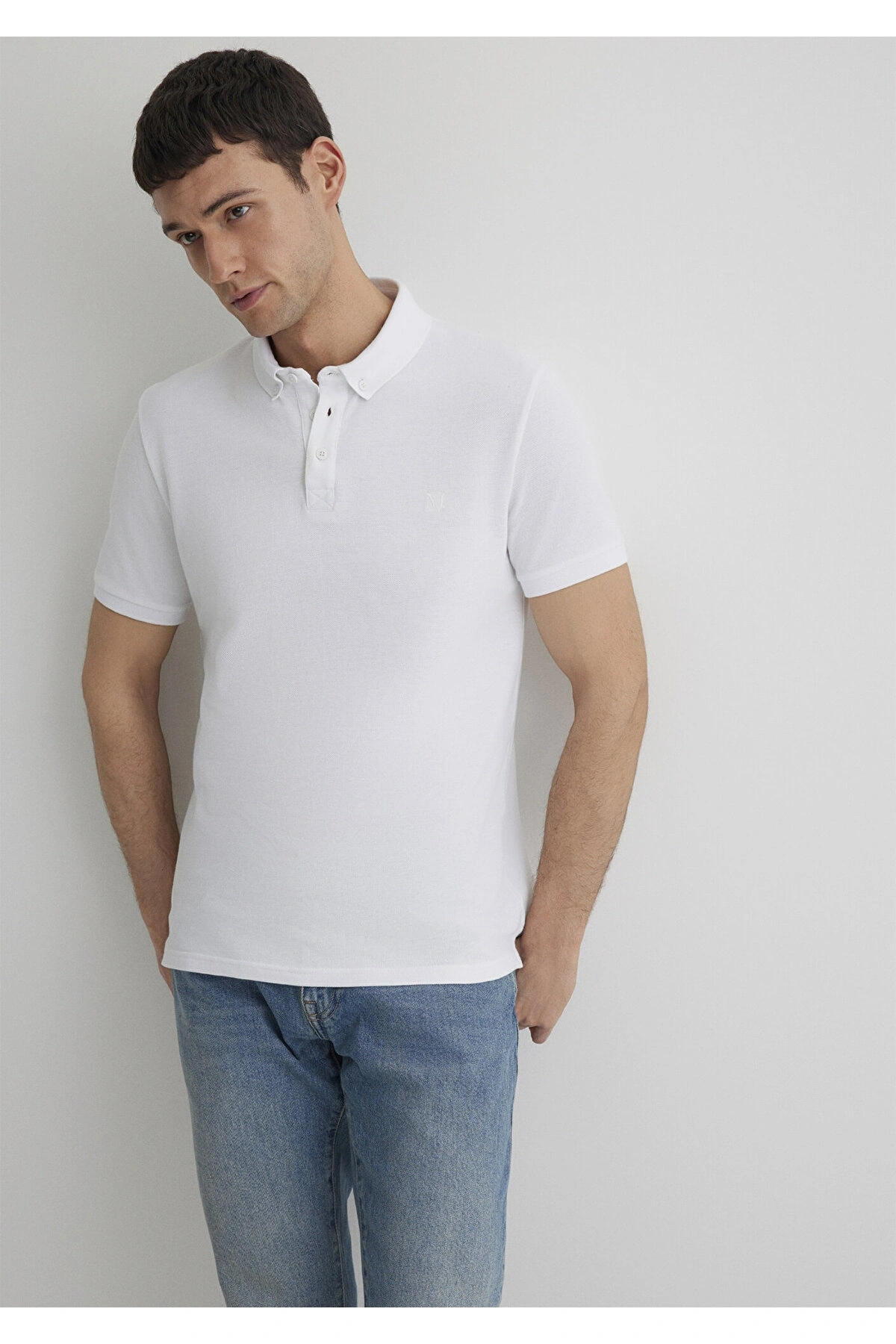 Mavi Beyaz Polo Tişört Slim Fit / Dar Kesim