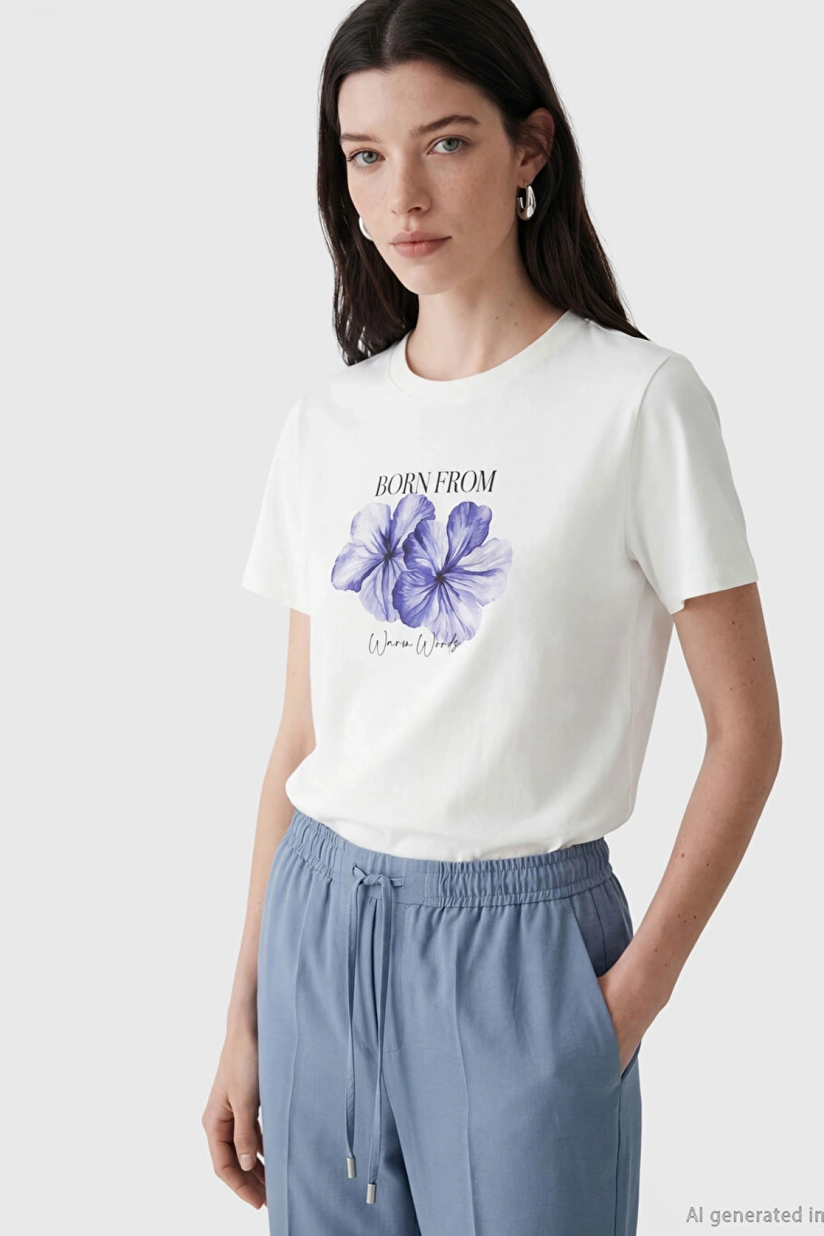 LCW Comfort Beyaz Bisiklet Yaka Baskılı Kadın Tişört