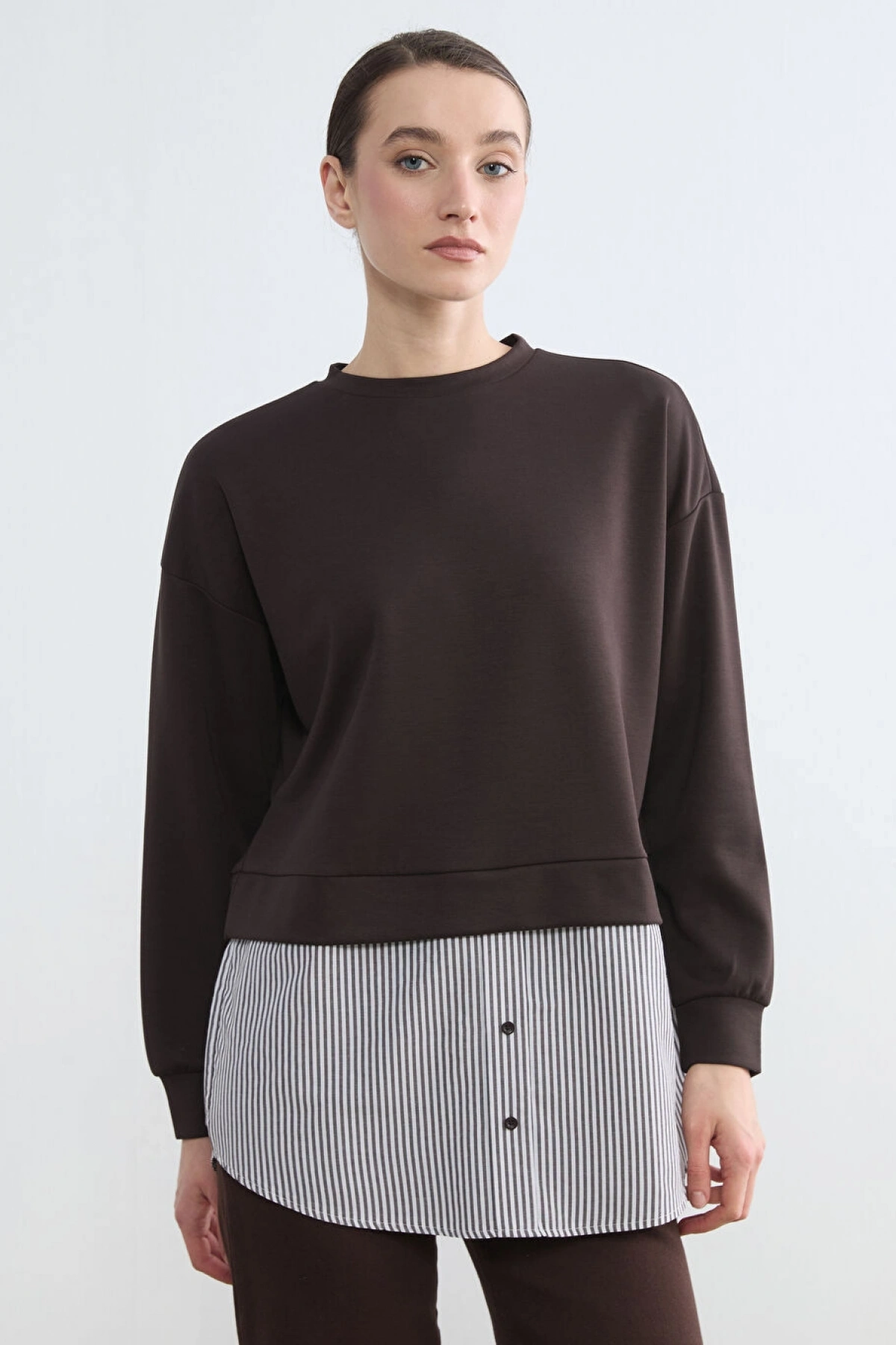 LCW Modest Kahverengi Gömlek Detaylı Kadın Sweatshirt Tunik
