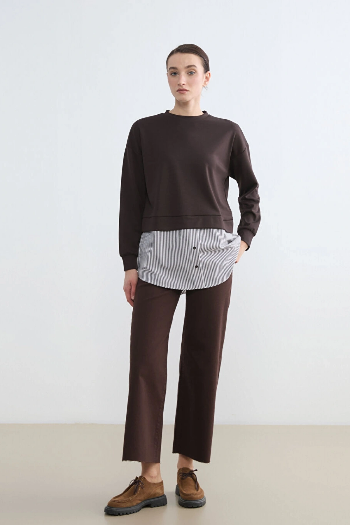 LCW Modest Kahverengi Gömlek Detaylı Kadın Sweatshirt Tunik