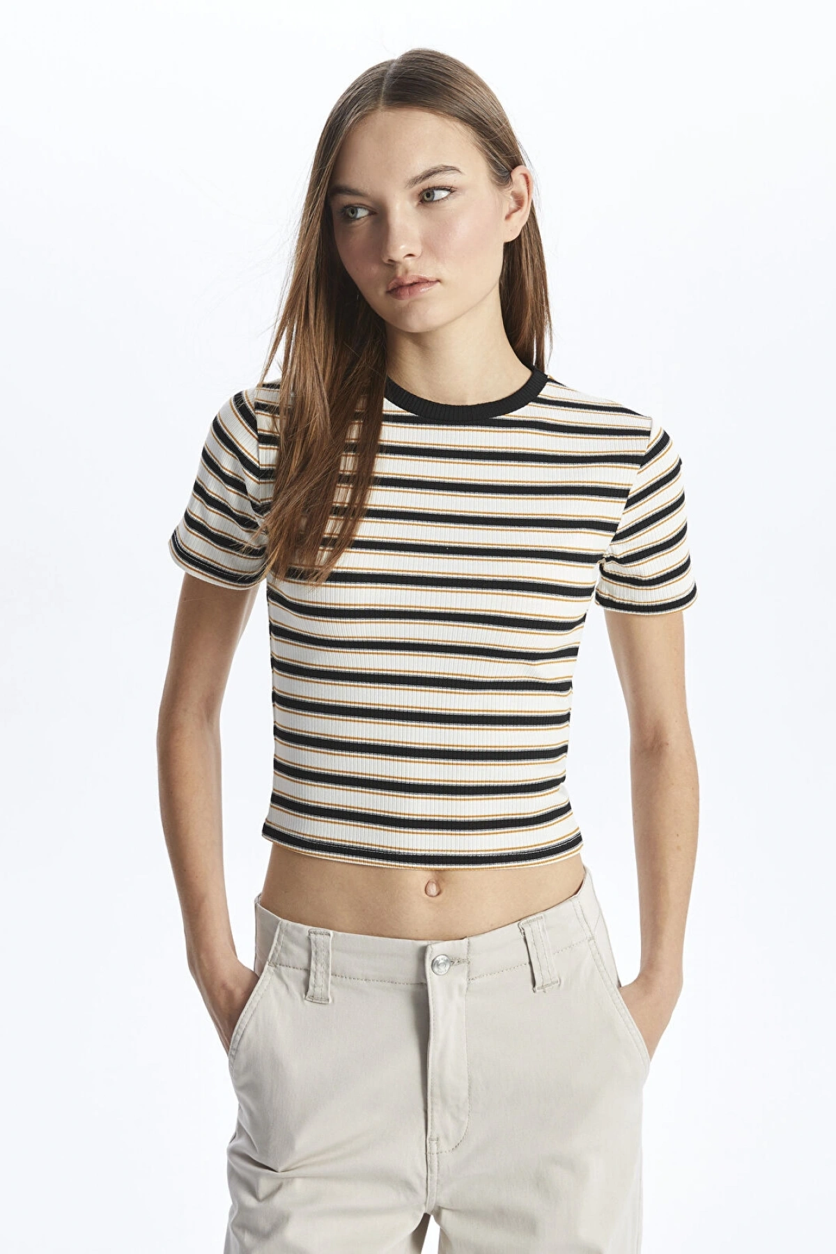 LC Waikiki XSIDE Bisiklet Yaka Çizgili Kısa Kollu Kadın Crop