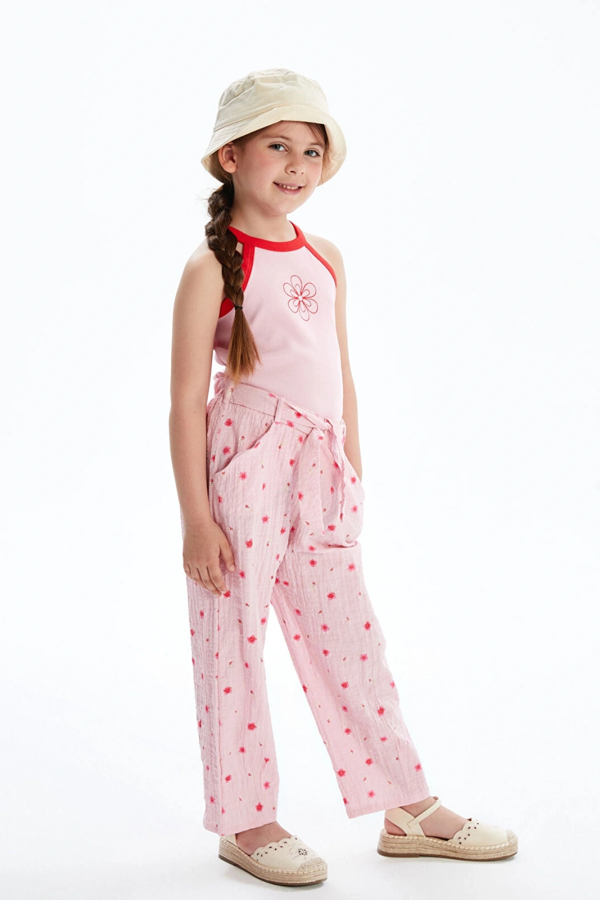LCW Kids Pembe Çiçekli Beli Bağlamalı Kız Çocuk Pantolon