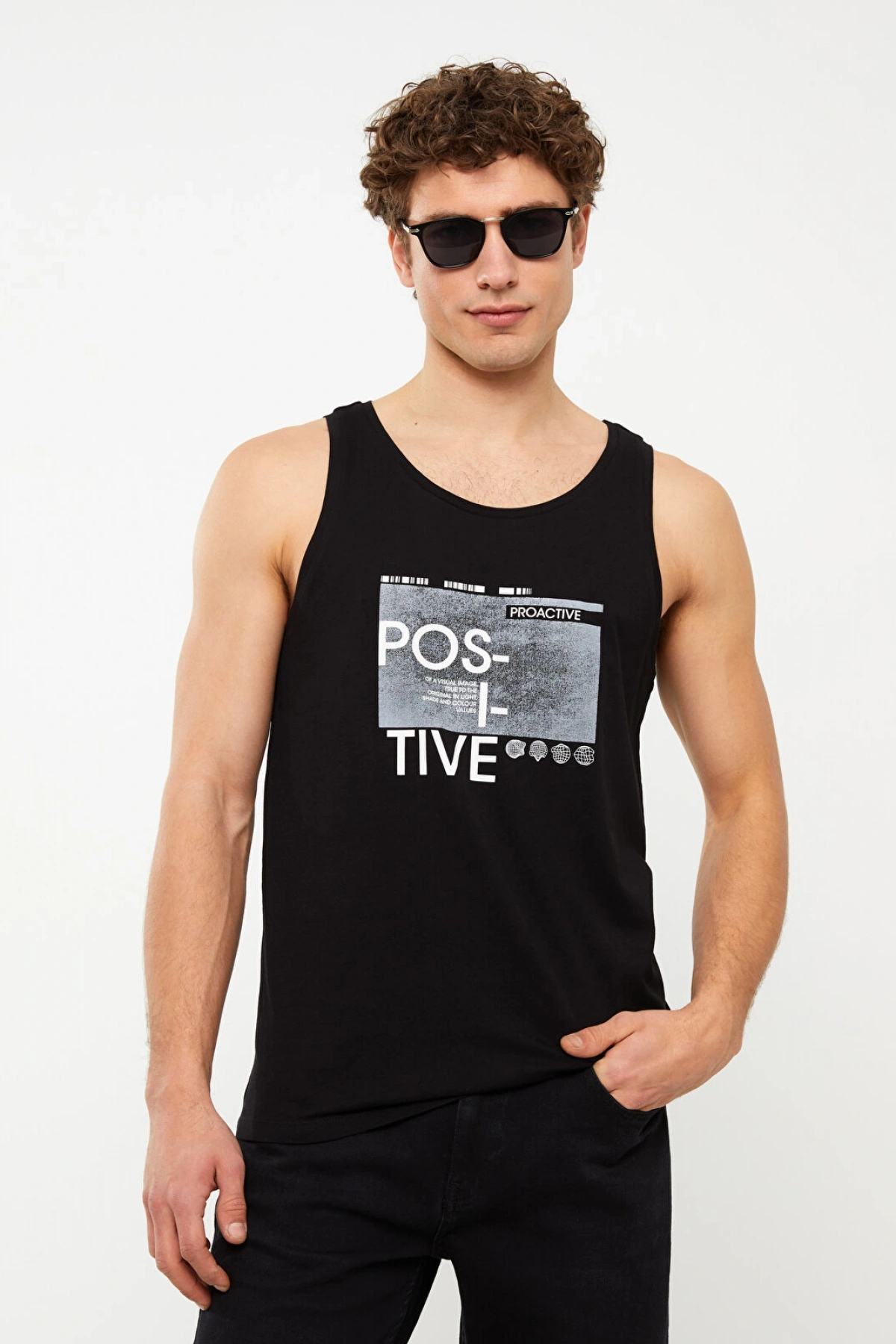 XSIDE Siyah Bisiklet Yaka Baskılı Penye Erkek Kolsuz Tişört