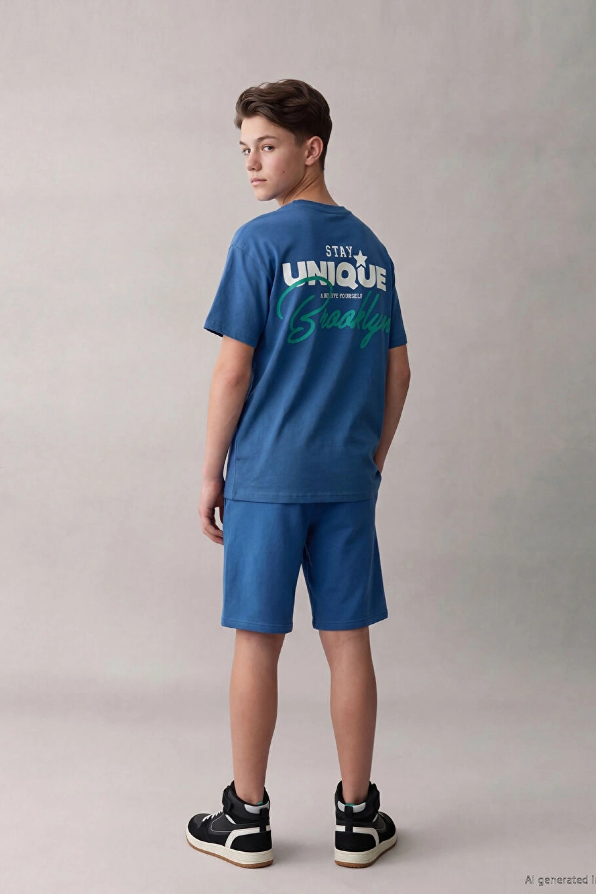 LCW Kids Mavi Bisiklet Yaka Slogan Baskılı Erkek Çocuk Tişört