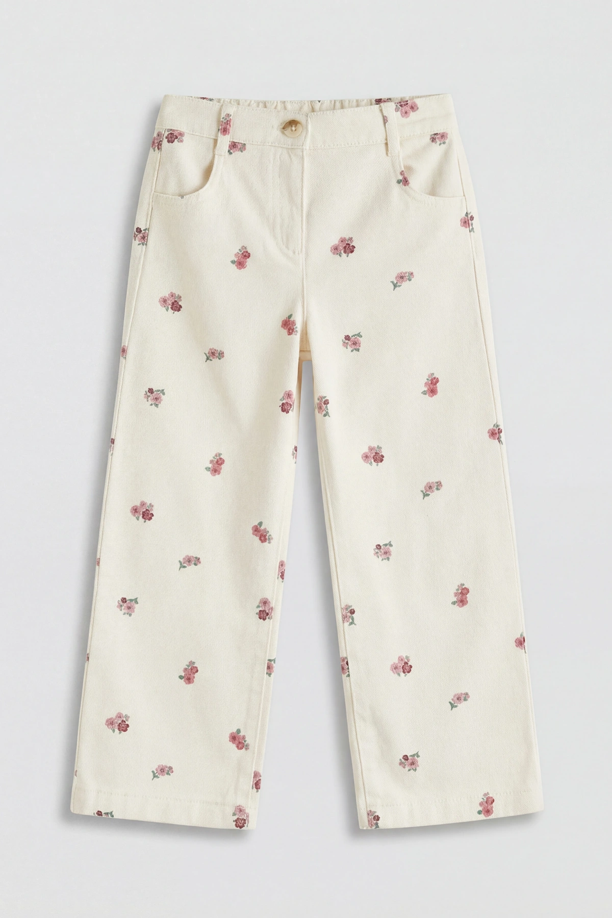 LCW Kids Ekru Çiçek Desenli Kız Çocuk Gabardin Pantolon