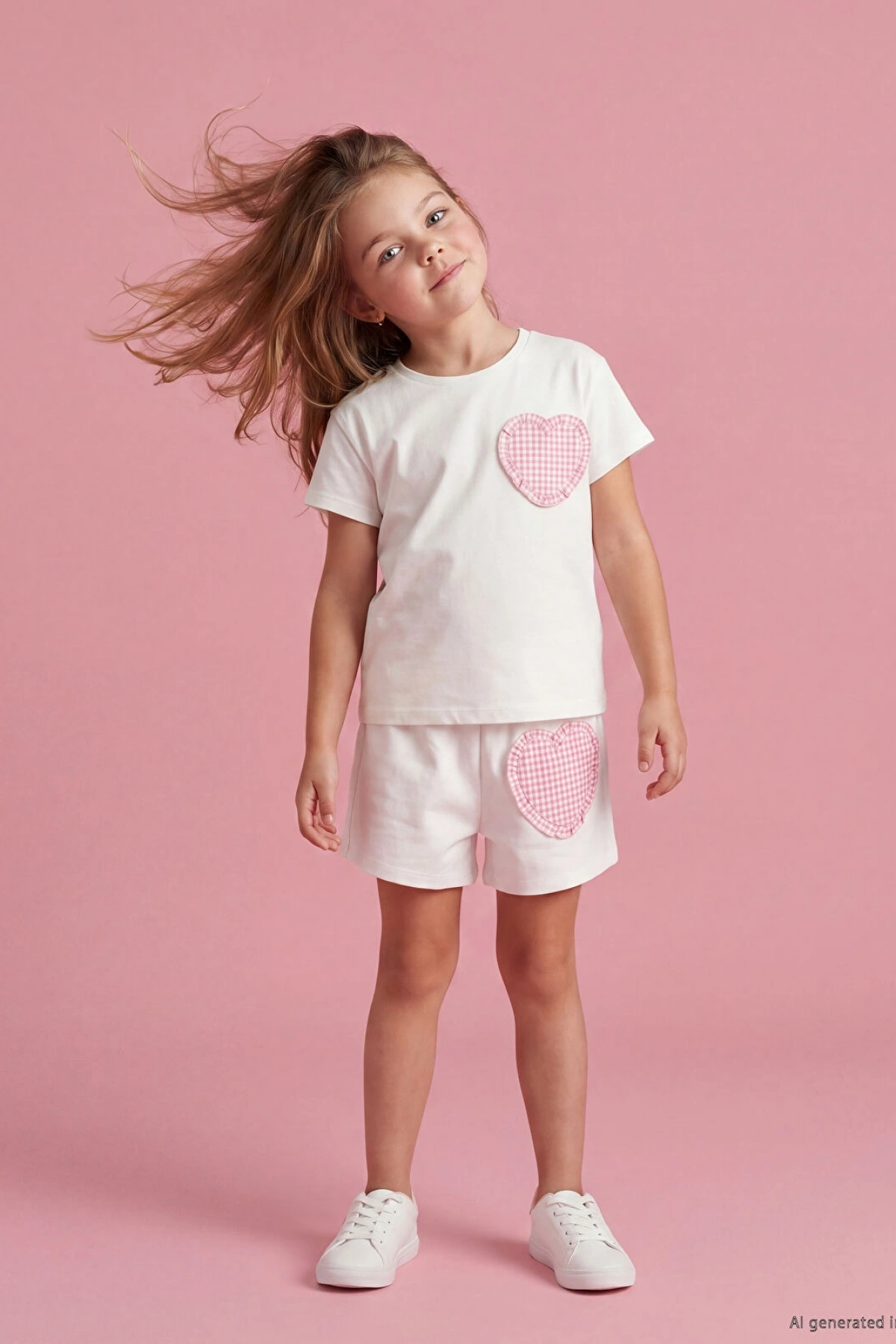 LCW Kids Ekru Beli Lastikli Kalp Detaylı Kız Çocuk Şort