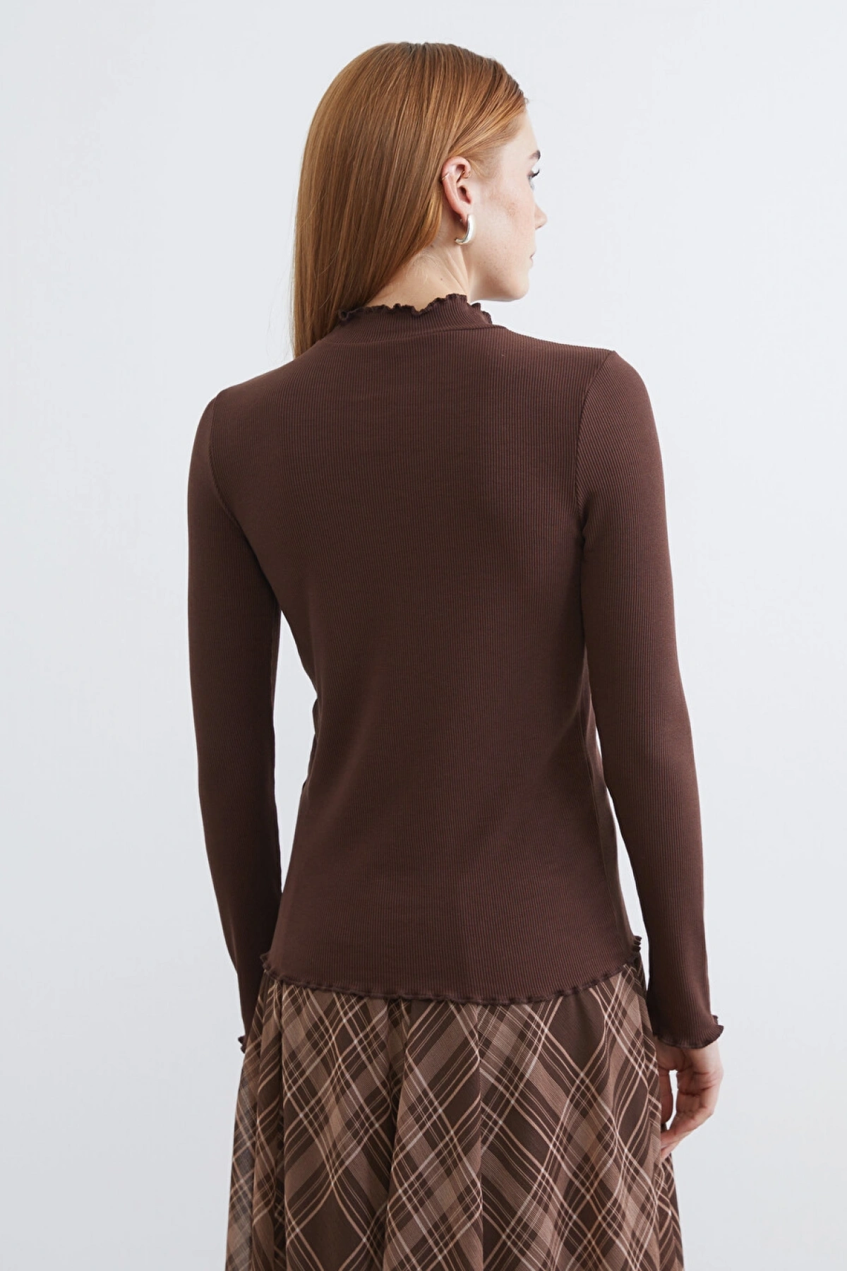 LCW Modest Kahverengi Fırfırlı Dik Yaka Kadın Body