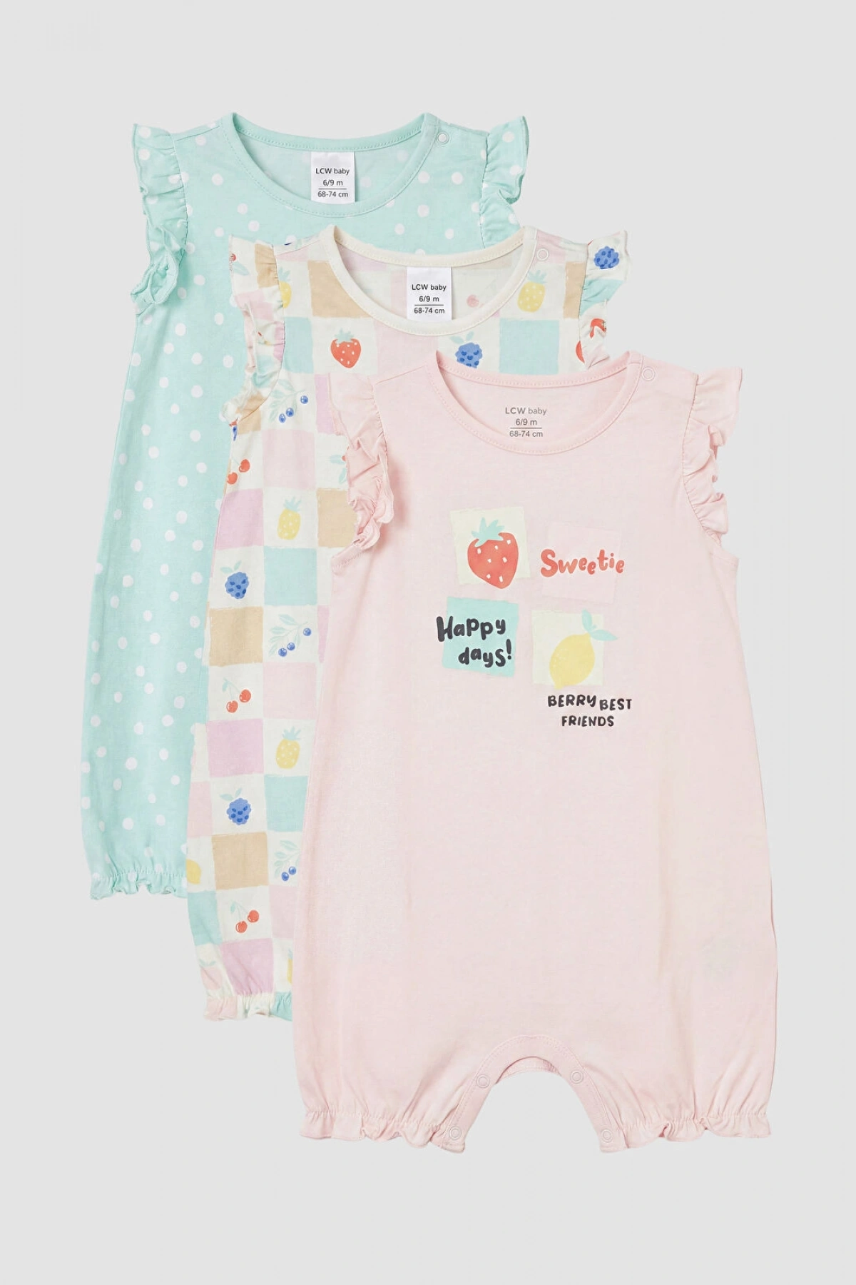 LCW baby Ekru Bisiklet Yaka Baskılı Kız Bebek Tulum 3lü