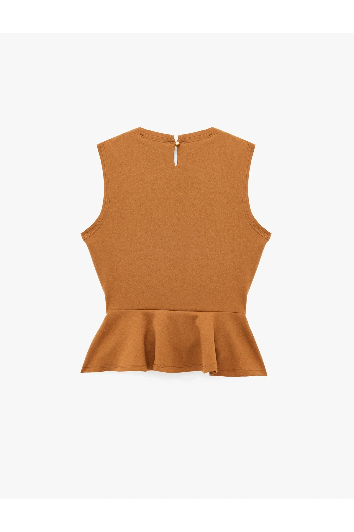 Koton Krep Scuba Kumaş Aksesuarlı Kolsuz Bisiklet Yaka Peplum Bluz