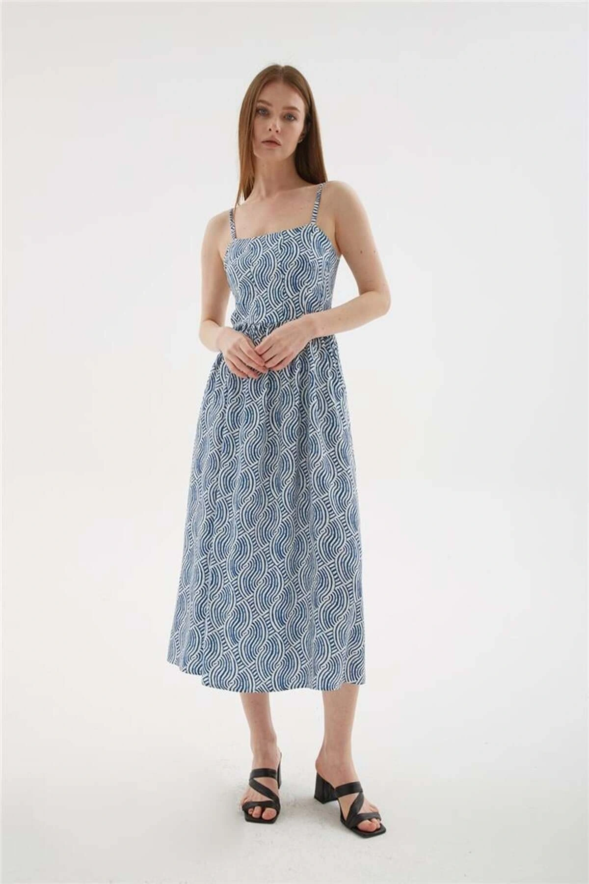 Askılı Desenli Viskon Elbise Mavi