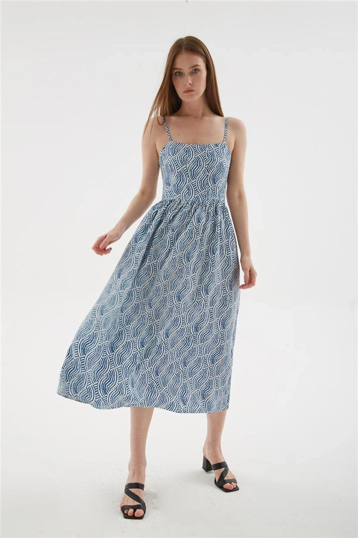 Askılı Desenli Viskon Elbise Mavi