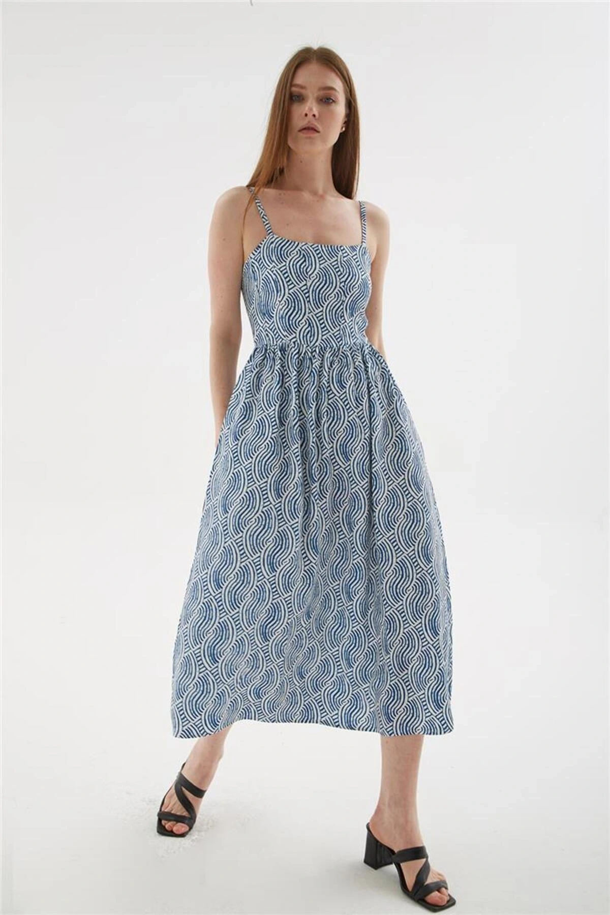 Askılı Desenli Viskon Elbise Mavi