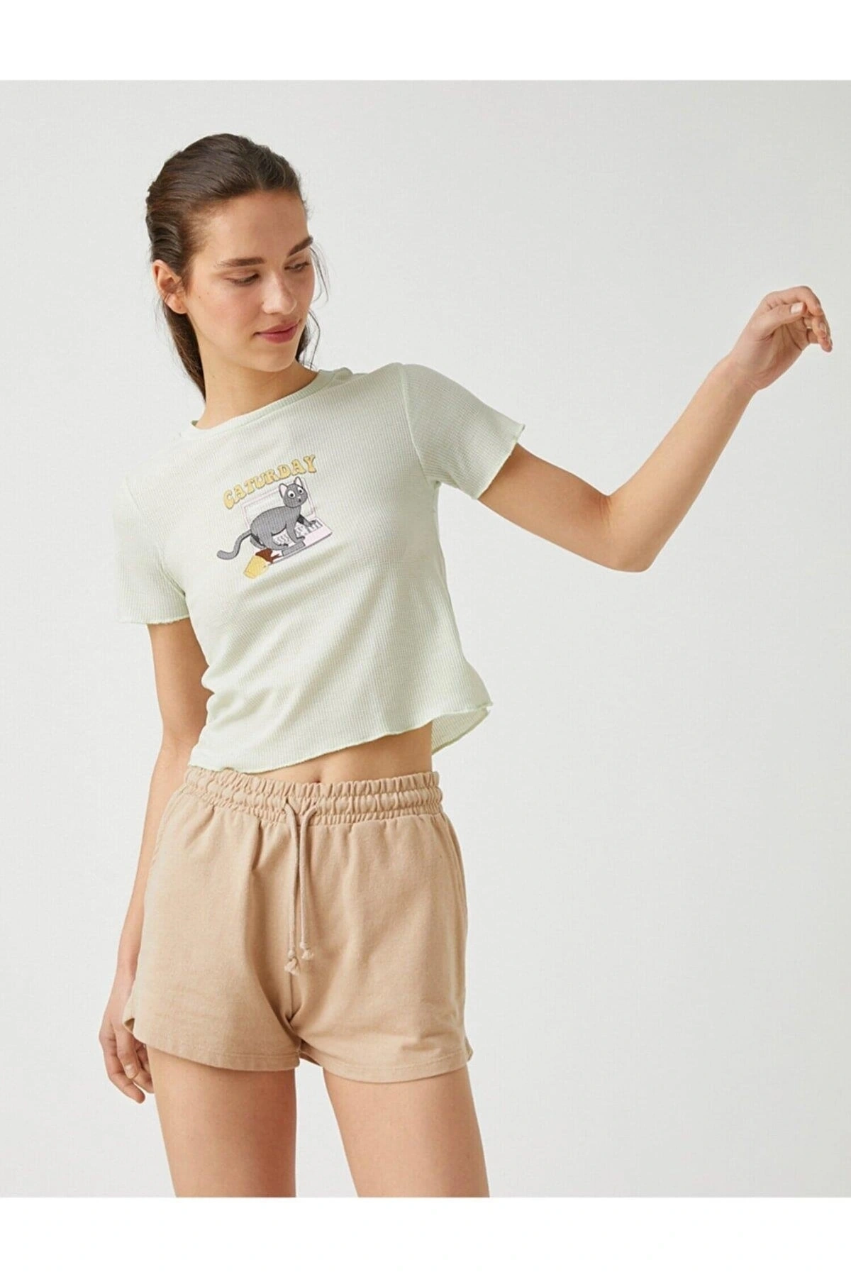 Baskılı Fitilli Kısa Kollu Bisiklet Yaka Tişört