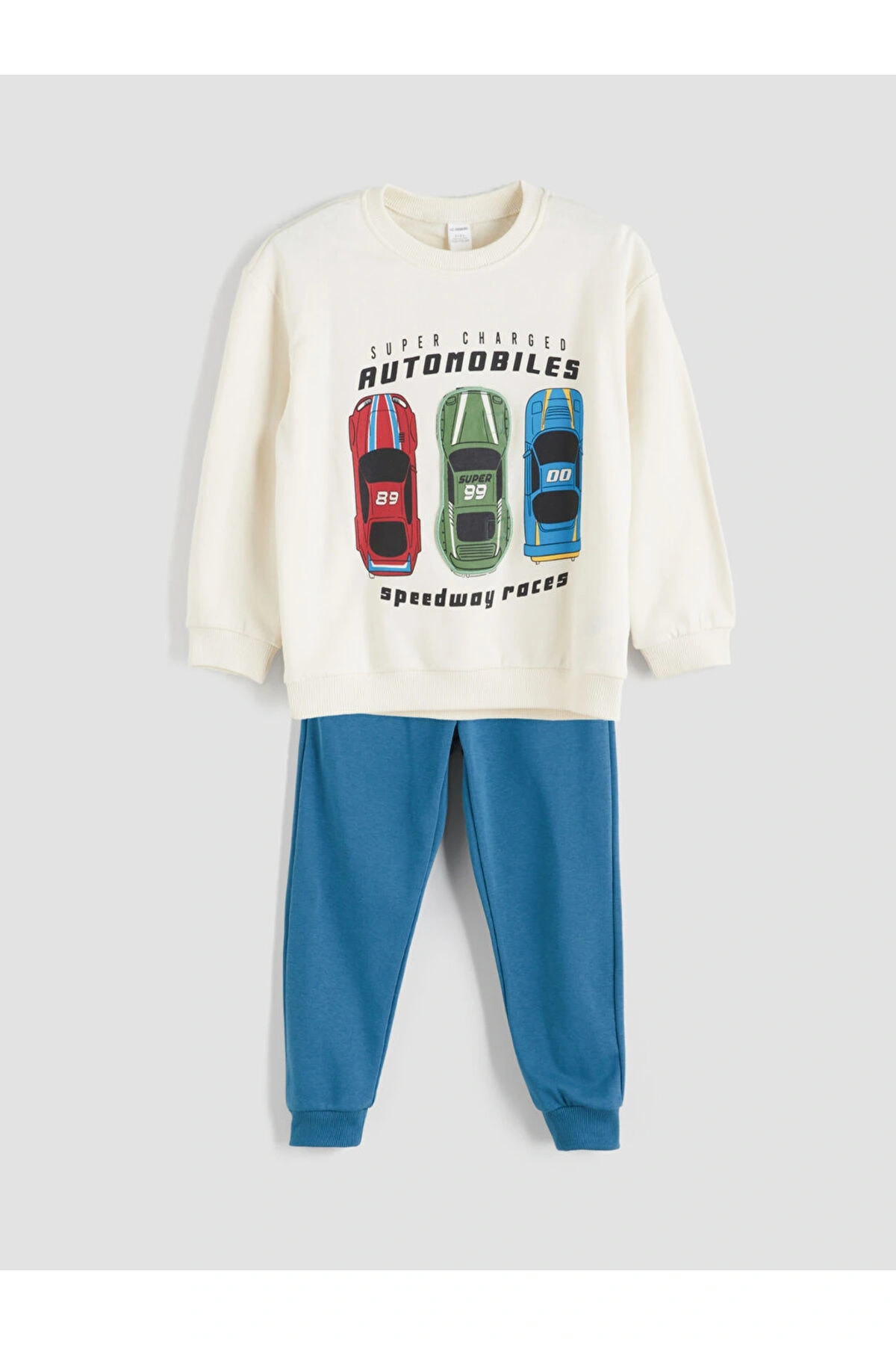 Bej Bisiklet Yaka Baskılı Erkek Çocuk Sweatshirt Ve Eşofman Alt 2li