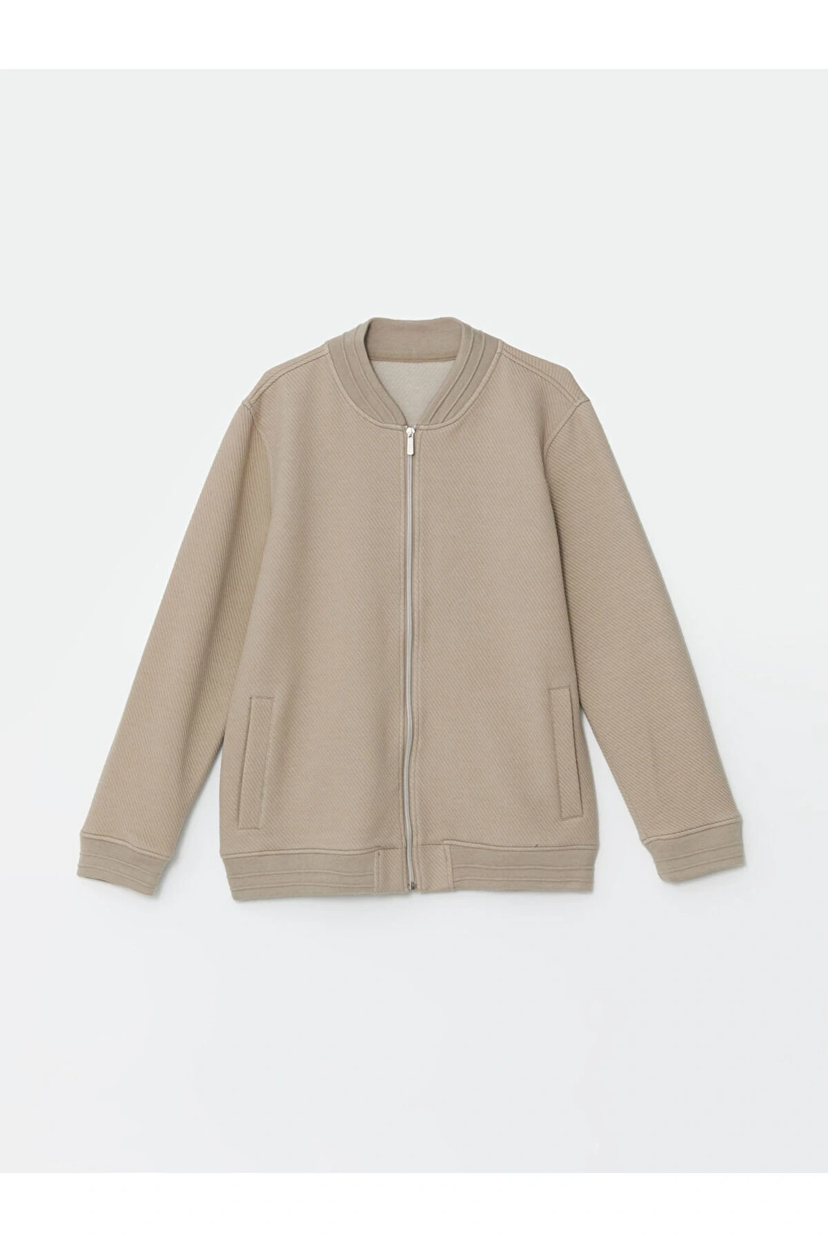 Bej Kolej Yaka Uzun Kollu Erkek Fermuarlı Sweatshirt
