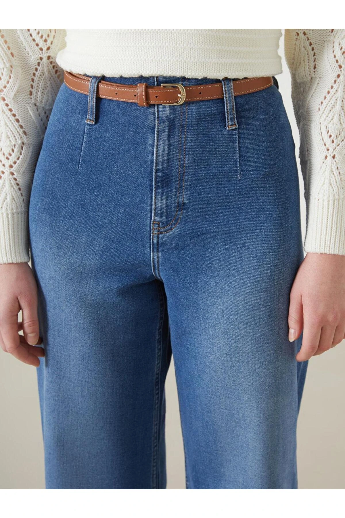 Beli Kemerli Wideleg Kadın Jean Pantolon (S5)