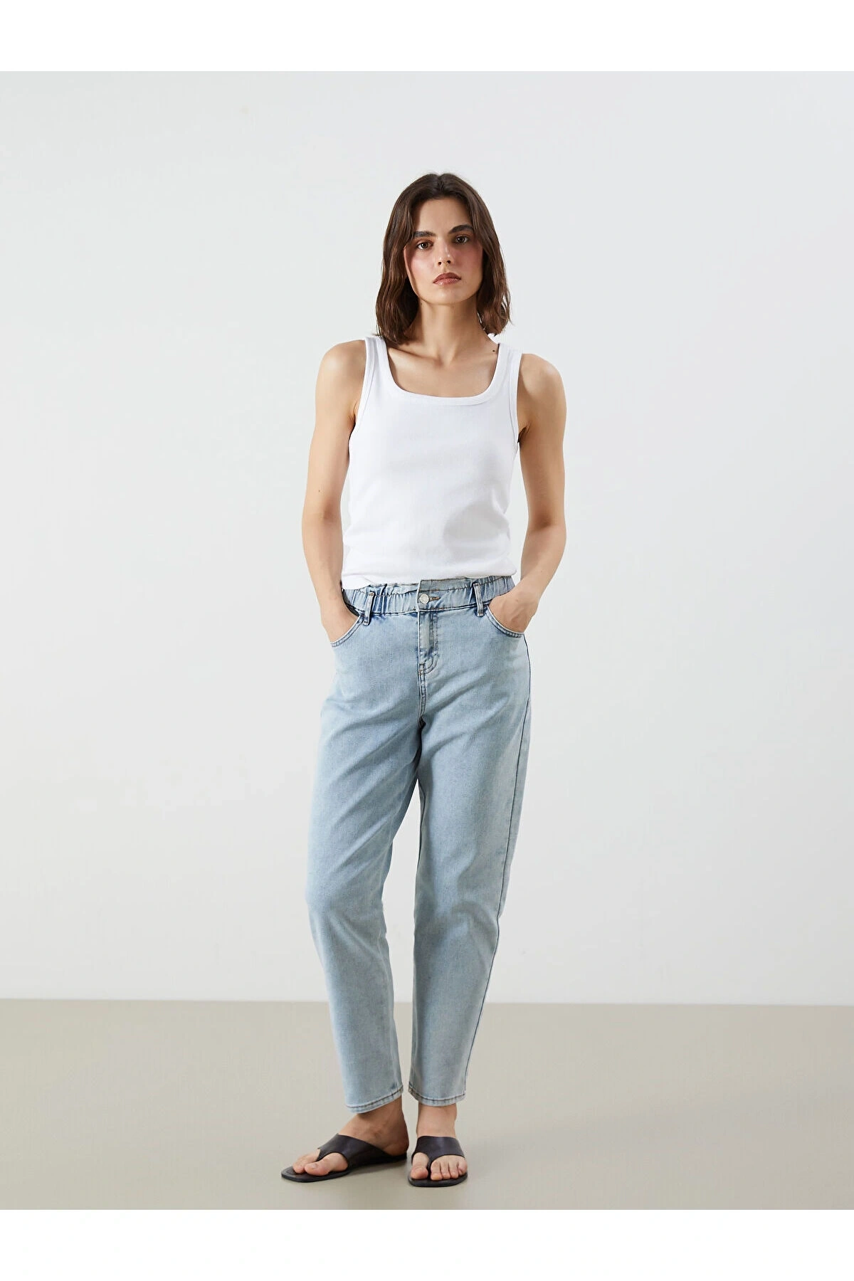 Beli Lastikli Slim Mom Kadın Jean Pantolon