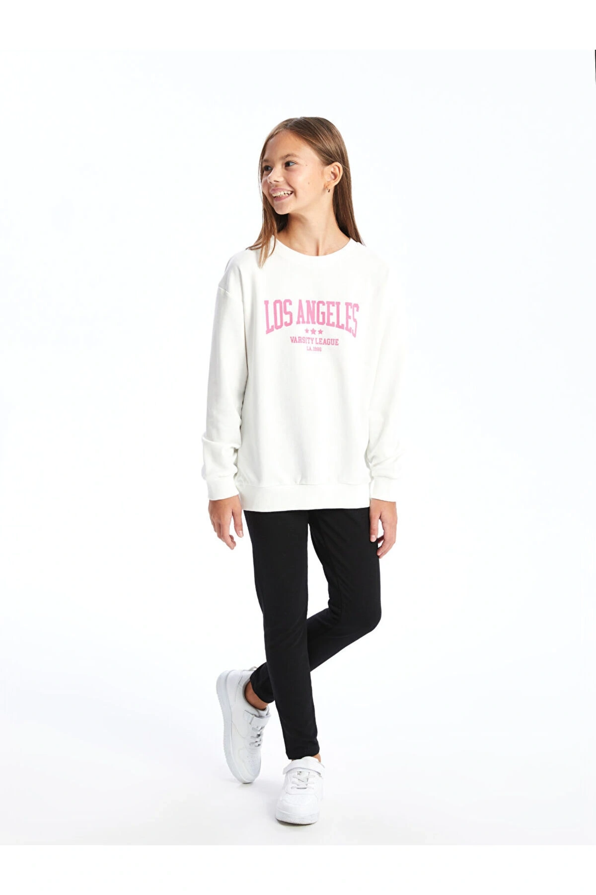 Beyaz Bisiklet Yaka Kız Çocuk Sweatshirt