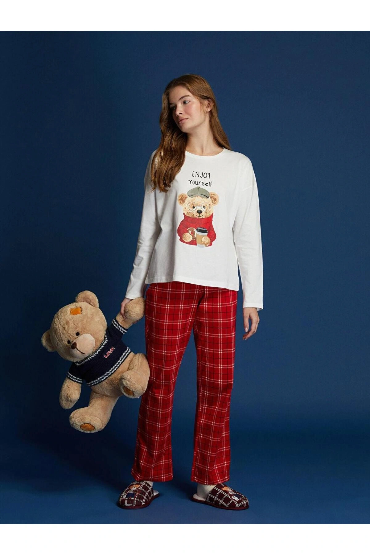 Bisiklet Yaka Baskılı Kadın Pijama Takım