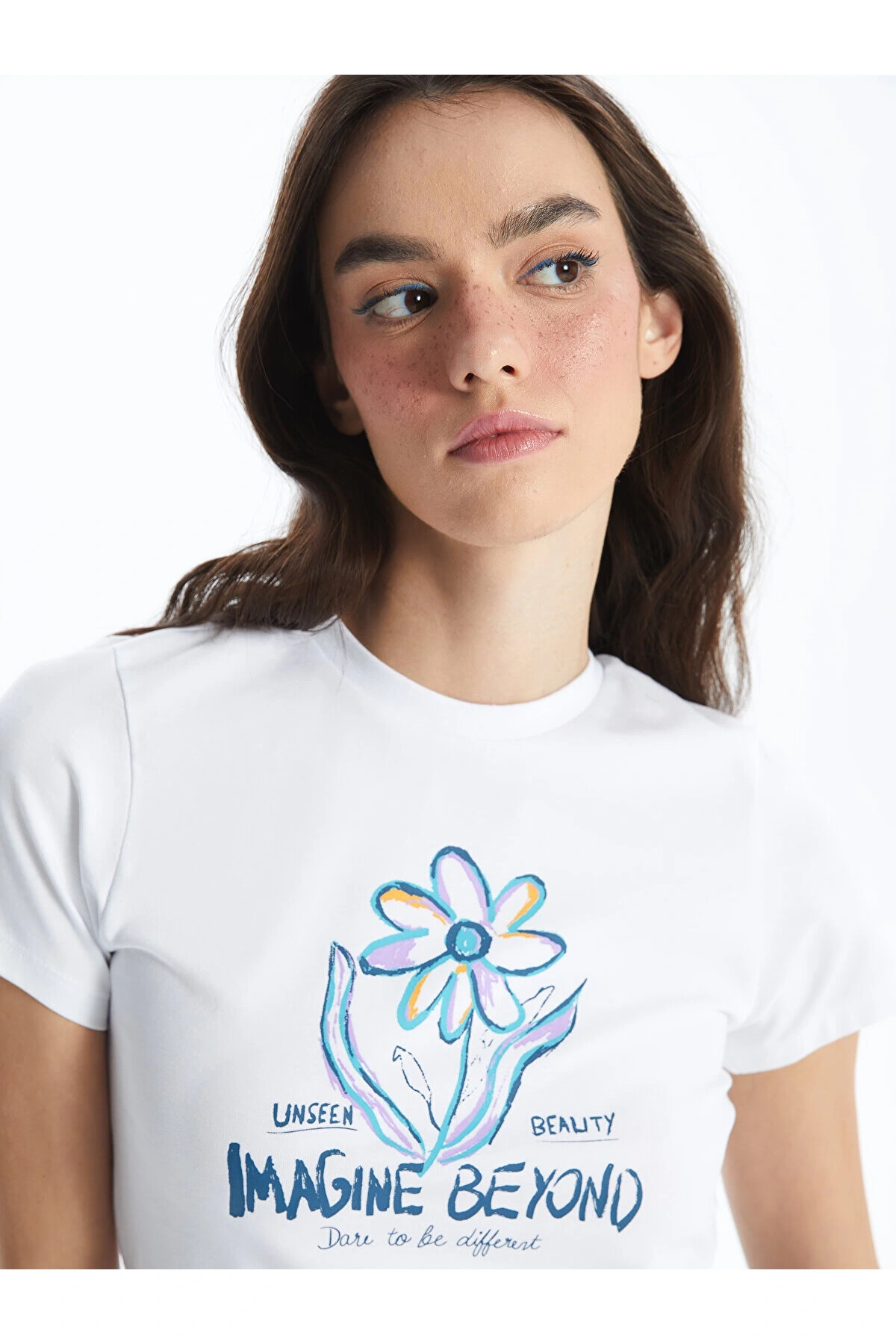 Bisiklet Yaka Baskılı Kısa Kollu Kadın Crop