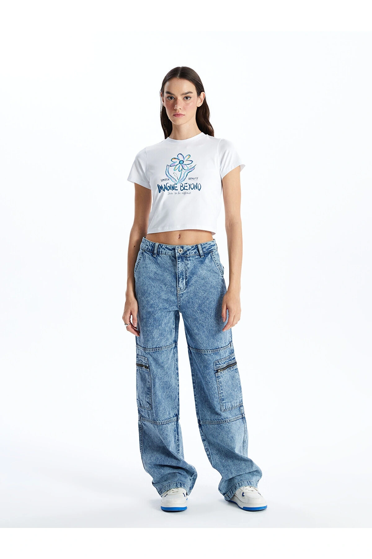 Bisiklet Yaka Baskılı Kısa Kollu Kadın Crop