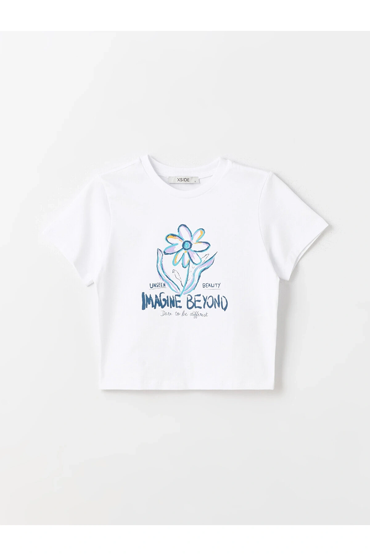 Bisiklet Yaka Baskılı Kısa Kollu Kadın Crop