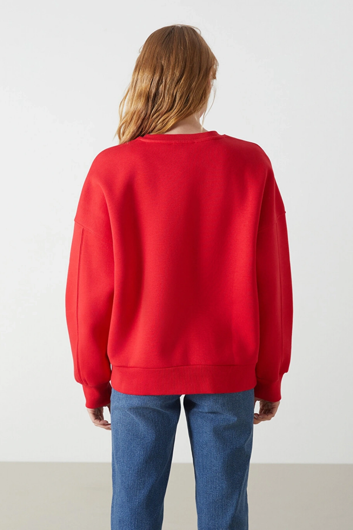 Bisiklet Yaka Baskılı Oversize Kadın Kalın Sweatshirt