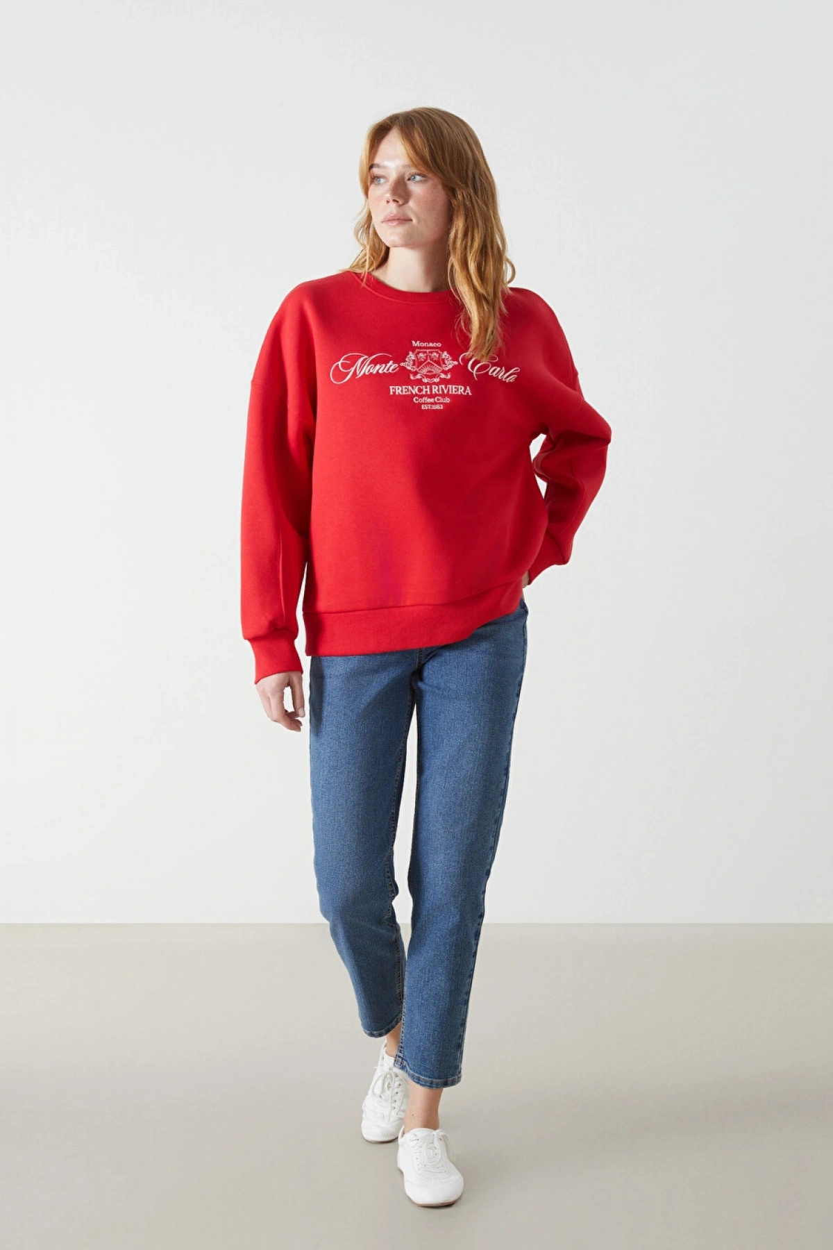 Bisiklet Yaka Baskılı Oversize Kadın Kalın Sweatshirt