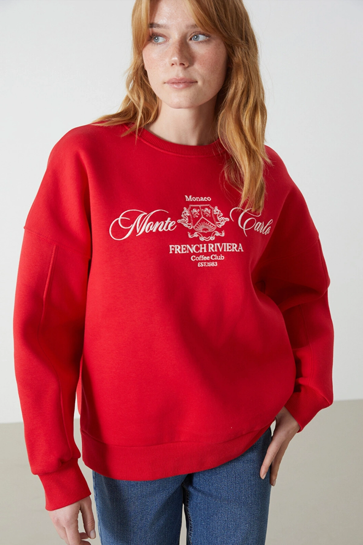 Bisiklet Yaka Baskılı Oversize Kadın Kalın Sweatshirt