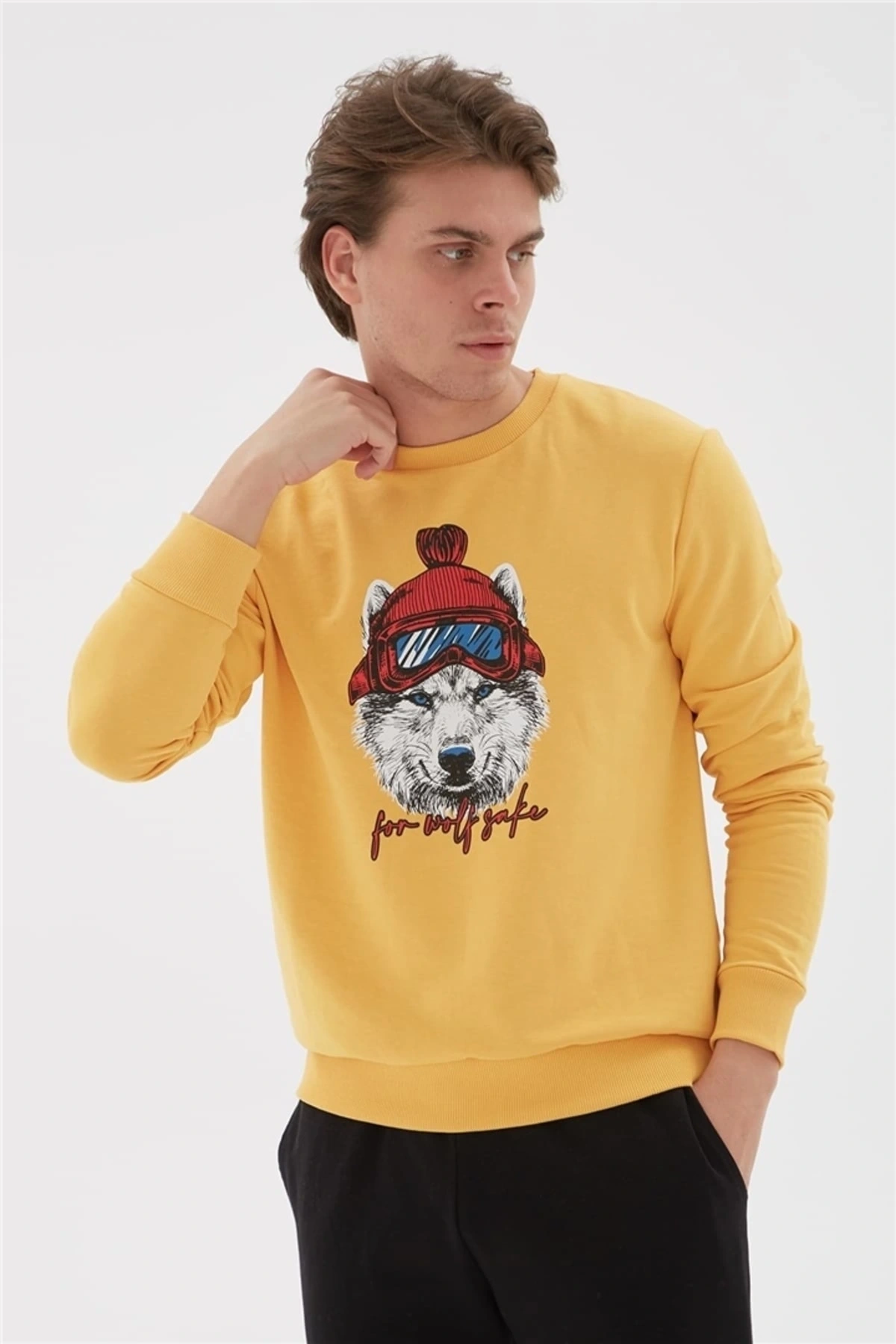 Bisiklet Yaka Baskılı Sweatshirt Hardal / Mustard