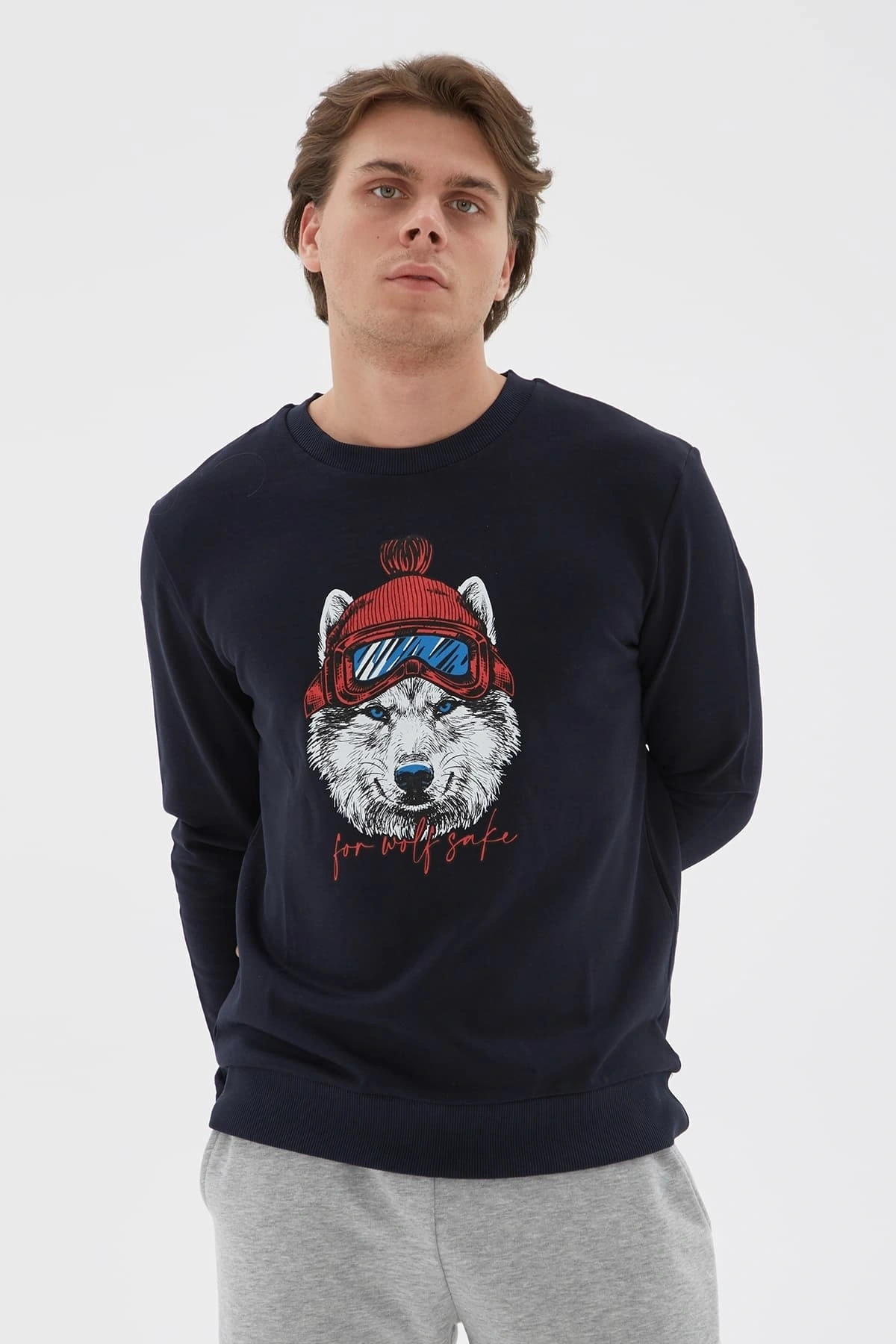 Bisiklet Yaka Baskılı Sweatshirt Lacivert / Navy