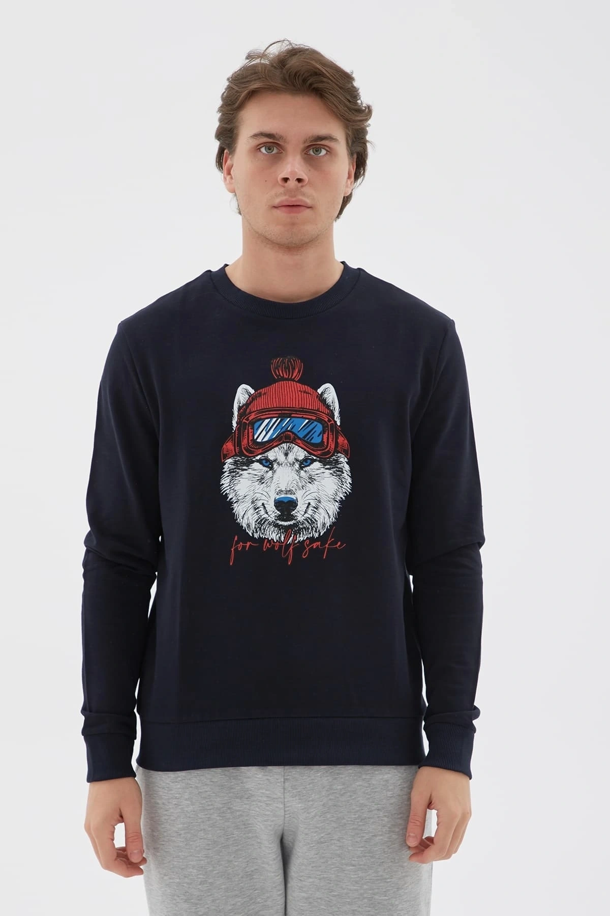 Bisiklet Yaka Baskılı Sweatshirt Lacivert / Navy