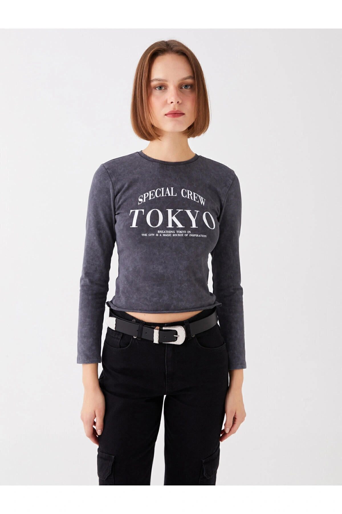 Bisiklet Yaka Baskılı Uzun Kollu Kadın Crop